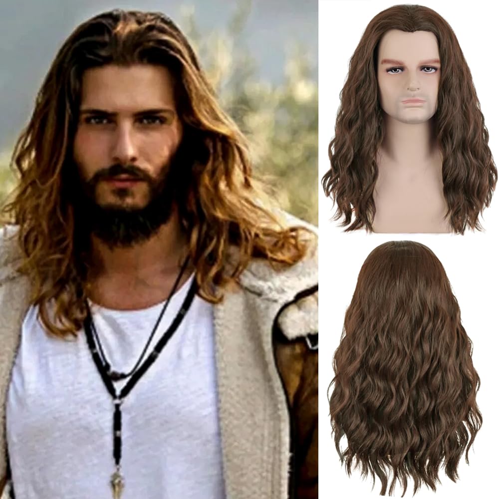 PORSMEER Men's Dark Brown Long Curly Cosplay Wig for Aquaman Arthur Halloween Costume Party/70s 80s Rocker Male Cosplay