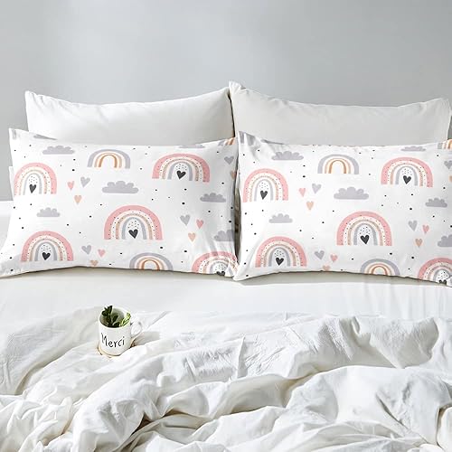 Miniatura 5 de Juego de ropa de cama tamaño Queen con diseño de arco iris para niñas, juego de edredón Kawaii de nube de 3 piezas con 2 fundas de almohada, edredón