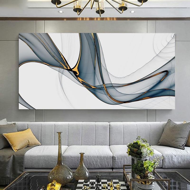 Toile moderne salon aux lignes fluides bleues AEFOUU, grand tableau abstrait 70x120cm