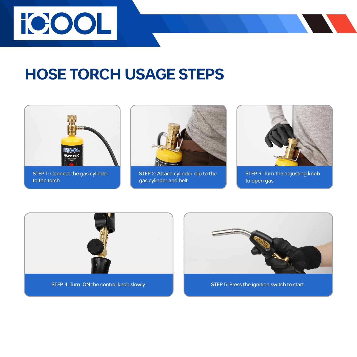 ICOOL Torcia a propano con tubo flessibile, torcia a gas Mapp con valvola, accensione rapida e regolazione del calore, torcia per saldatura di tubi in rame, gioielli, impianti idraulici, HVAC