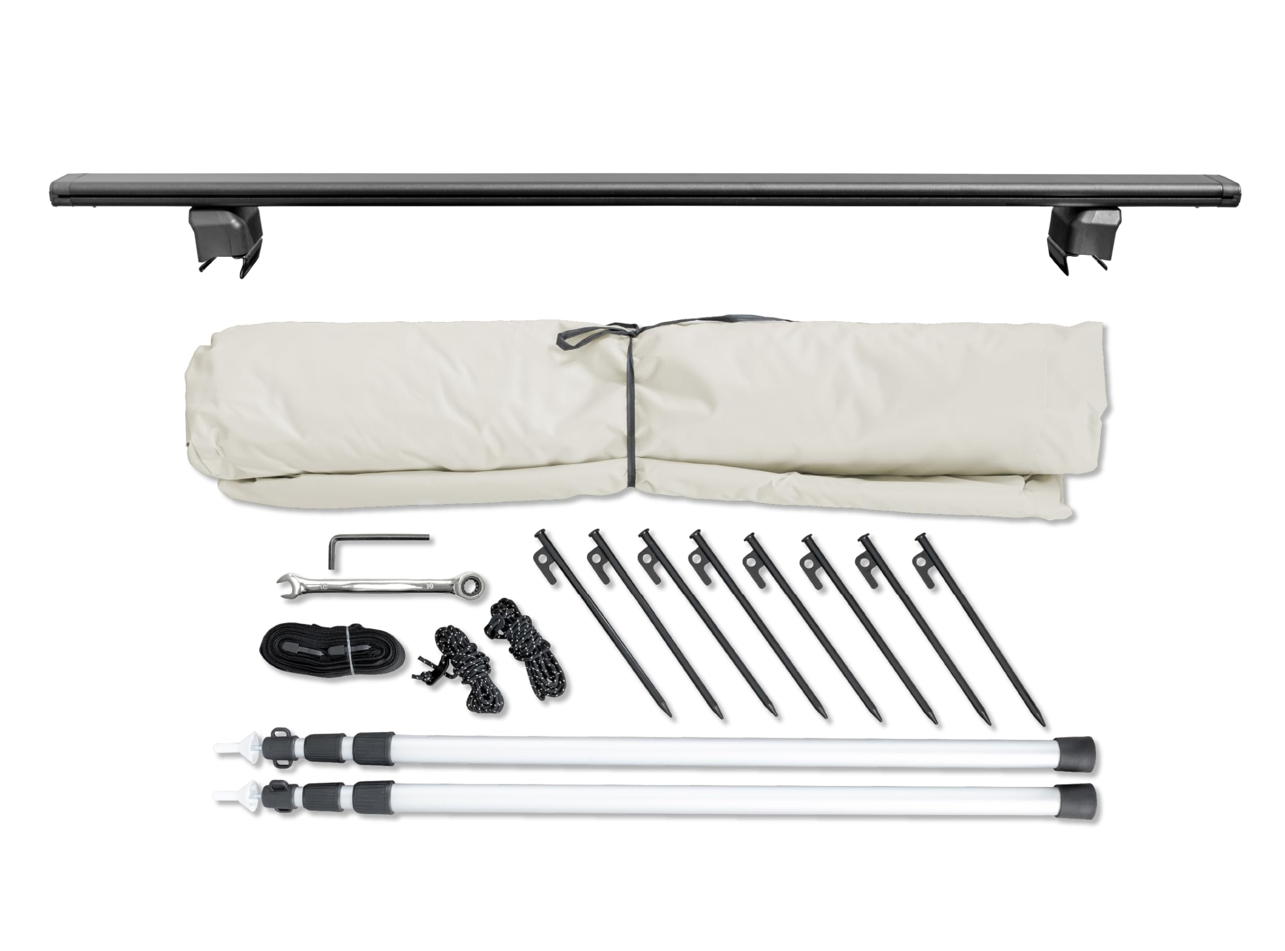 CampAir Auto Vorzelt Markise mit UV50+, Sonnensegel mit Keder für SUV, PKW, Vans und Campingbusse, 2000mm WS, inkl. Teleskopstangen und Dachträger, schwarz, 6kg | UV50+, 2000 mm Wassersäule, 300D Oxford-Polyester, Höhenverstellbar 94-237 cm, inkl. Abspann
