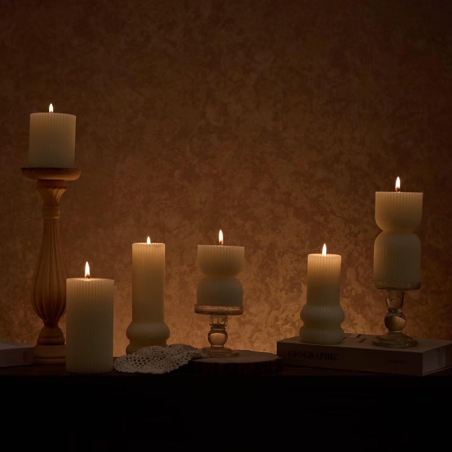 MOZEAL Hand-Poured Pointed Ribbed Soy Pillar Candles Set of 3 - Decorative Ivory Unscented Dripless Smokeless (4",6",8") 300 Hr Burn - Stylish Wedding Décor