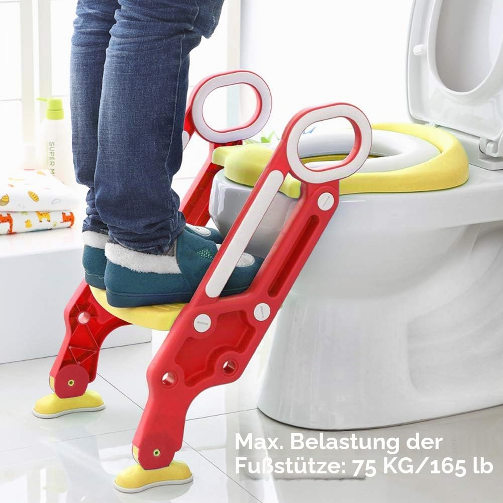 Töpfchentrainer, Toilettenaufsatz Kinder Toilettentrainer Töpfchenstuhl Universal Passend mit verstellbar Treppe Leiter weicher Sitz-Design Klappbar Rutschfest ab 1 Jahre (Rot+Gelb)
