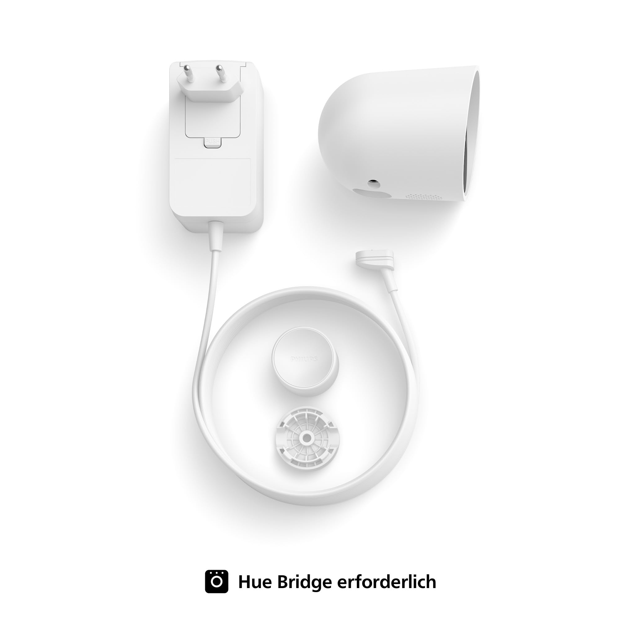 Philips Hue Secure kabelgebundene Smart Home Überwachungskamera mit Standfuß, Full HD Video, für drinnen oder draußen, Smart Home Security und Lichtsteuerung per App, weiß, 1er Pack