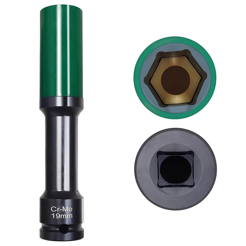 Soquete de impacto extralongo 19 mm para rodas, acionamento 12,7 mm (1/2 pol.), 6 pontos, parede fina, 150 mm JEUCLEL