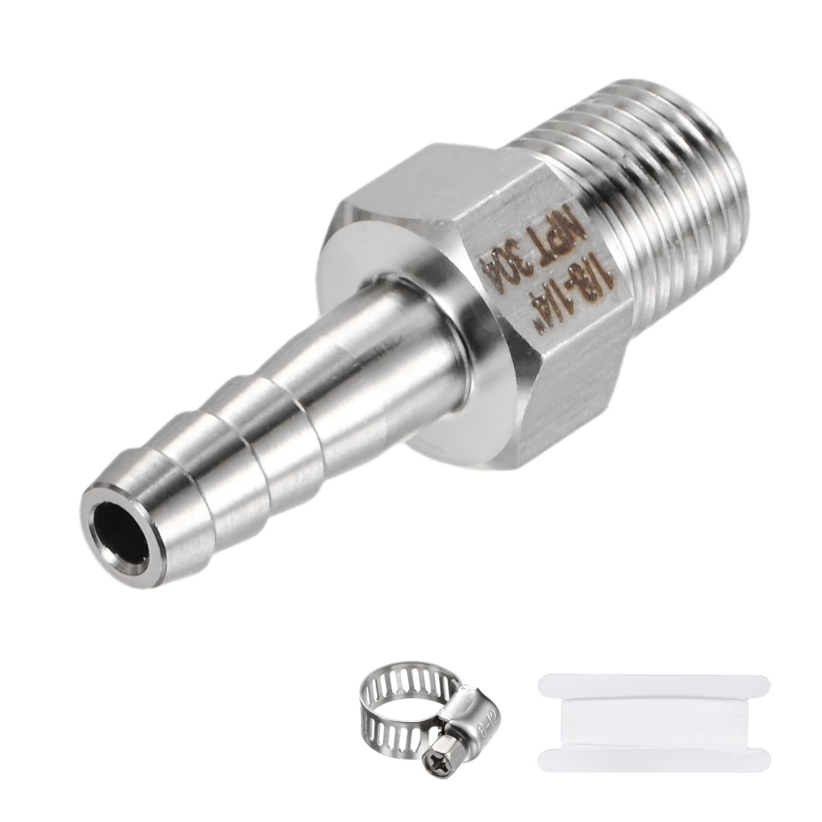 M METERXITY 1-Pack Garden Hose Adapter, 304 Stainless Steel 1/4" Barb x 1/8" NPT Male Threaded Connector with Tape & Clamp Garden Hose Convert Fitting for Pipe
