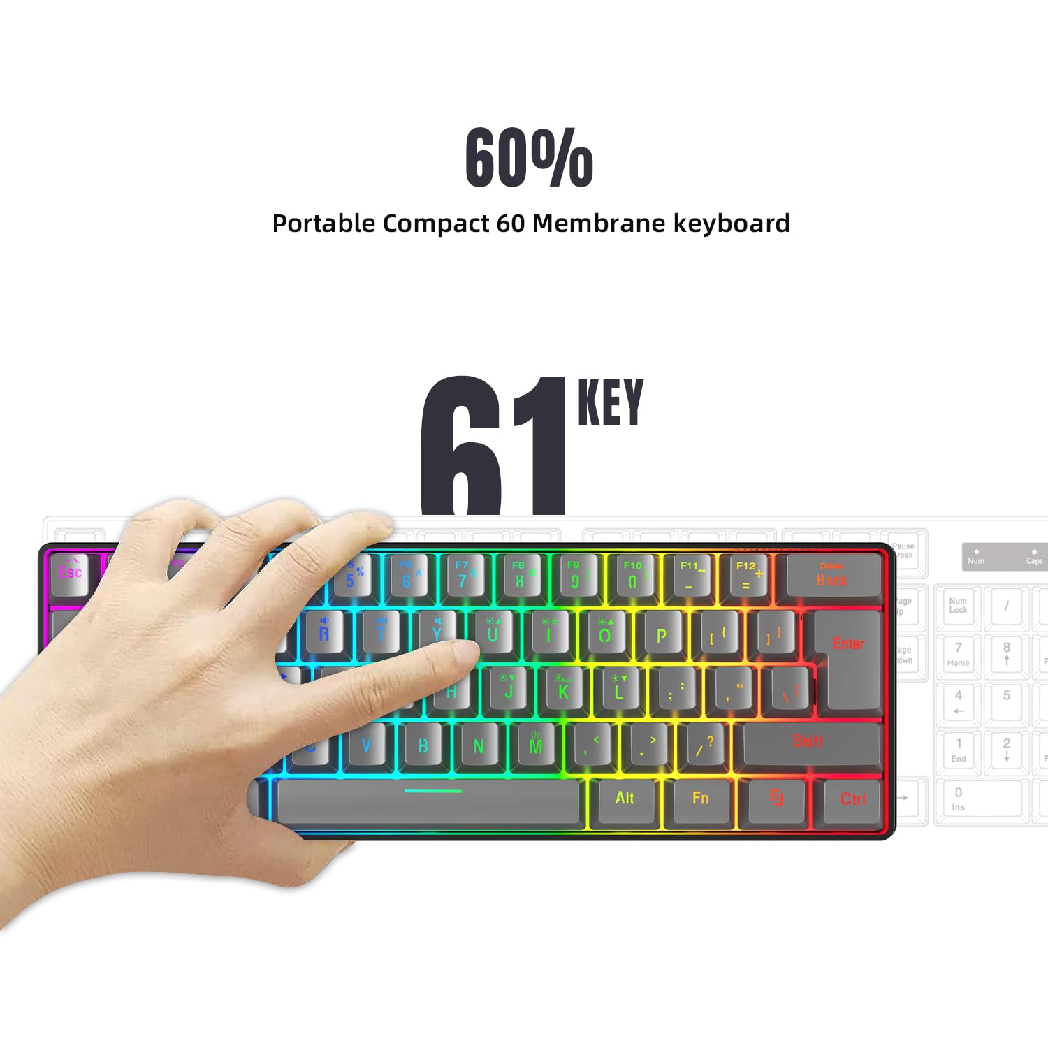 Snpurdiri 60% Wired Gaming Keyboard, RGB Ultra-Compact 61 Keys (Iron Grey) view 2