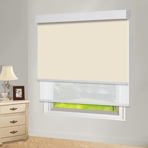 Miniatura 3 de FACIMI Persianas dobles opacas para ventana, persianas enrollables dobles beige con persianas opacas y filtrantes de luz en una cenefa, persianas de