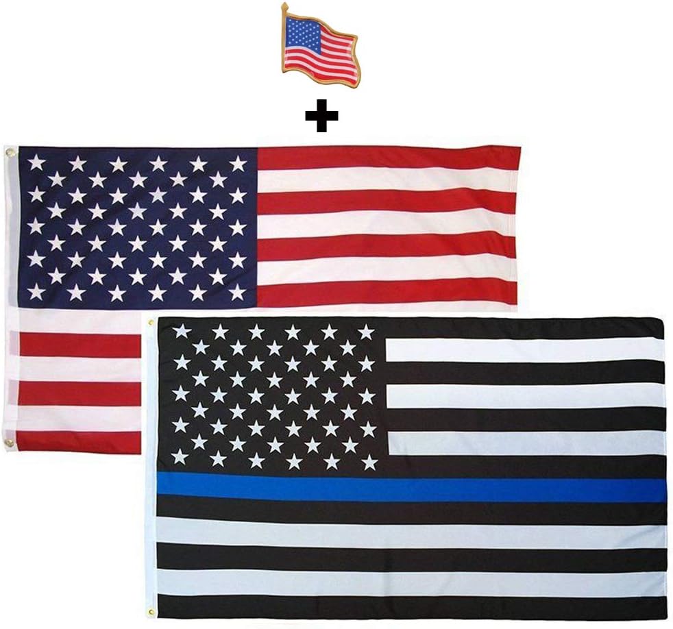 Combo Pack 3"x5" Thin Blue Line + USA American Flag + Waving Flag Lapel Pin Police Honoring Law Enforcement Officers Flags Vivid Color and UV Fade Resistant Polyester with Brass Grommets By HomeSmith
