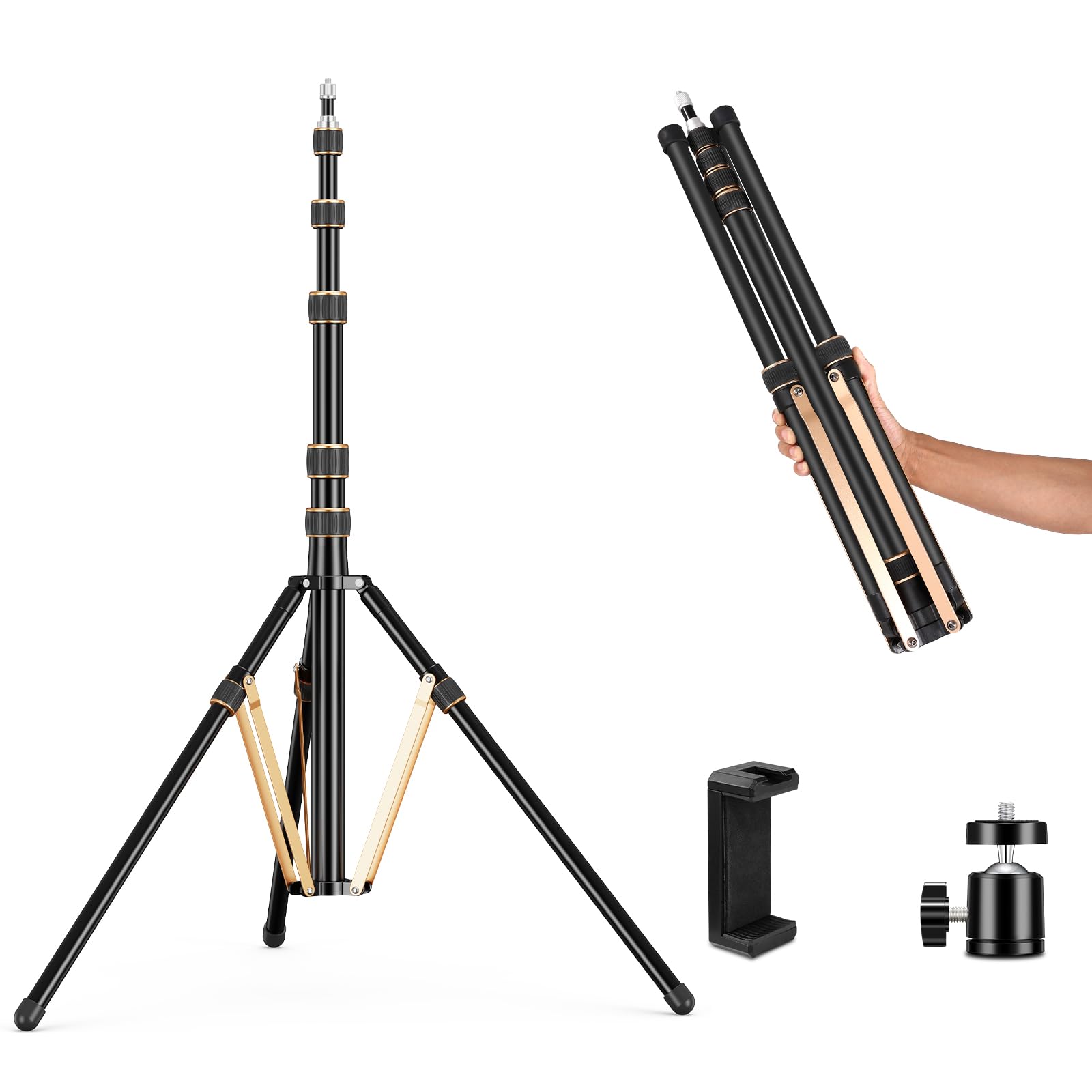 Soonpho Aluminum Tripod Stand with Reversible Legs,8.8ft/2.7m Adjustable Portable Travel Light Stand with Phone Clip & Ball-Head for Outdoor