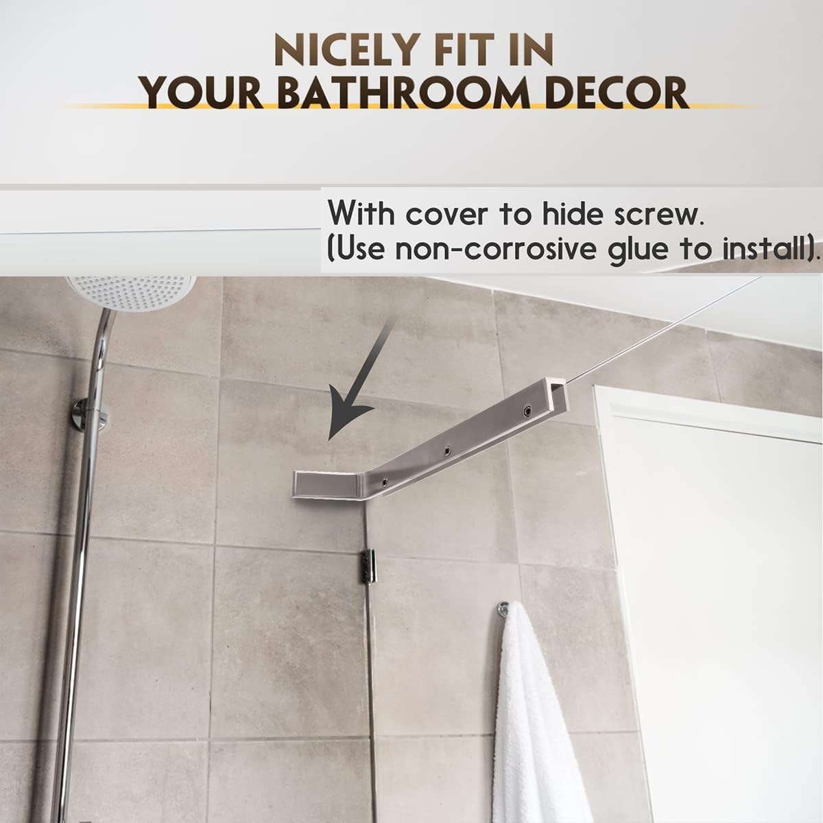 LukLoy Fixed Glass Shower Panel Glass to Wall Support Bar, Frameless Shower Glass Clamp L Shape Stabilizer Mounting Bracket, No-Drill-in-Glass. (Glass on Right)