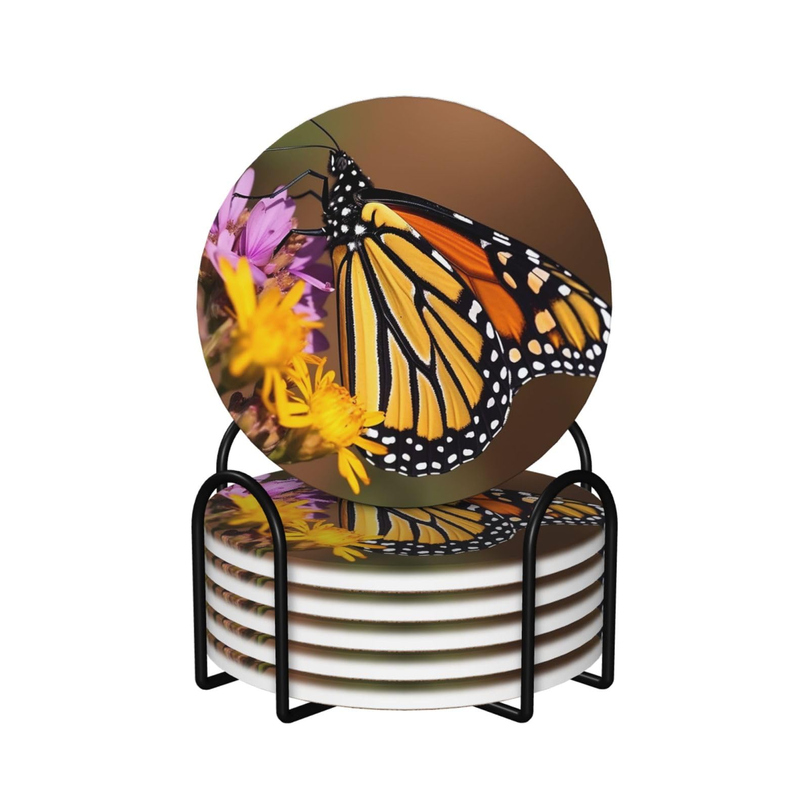 6Pcs Ceramics Coaster for Drinks, Monarch Butterfly Cup Coasters with Holder, Aesthetic Drink Coasters for Coffee Table, Absorbent Round Coaster for Tabletop Protection 4" Cup Mat Pad