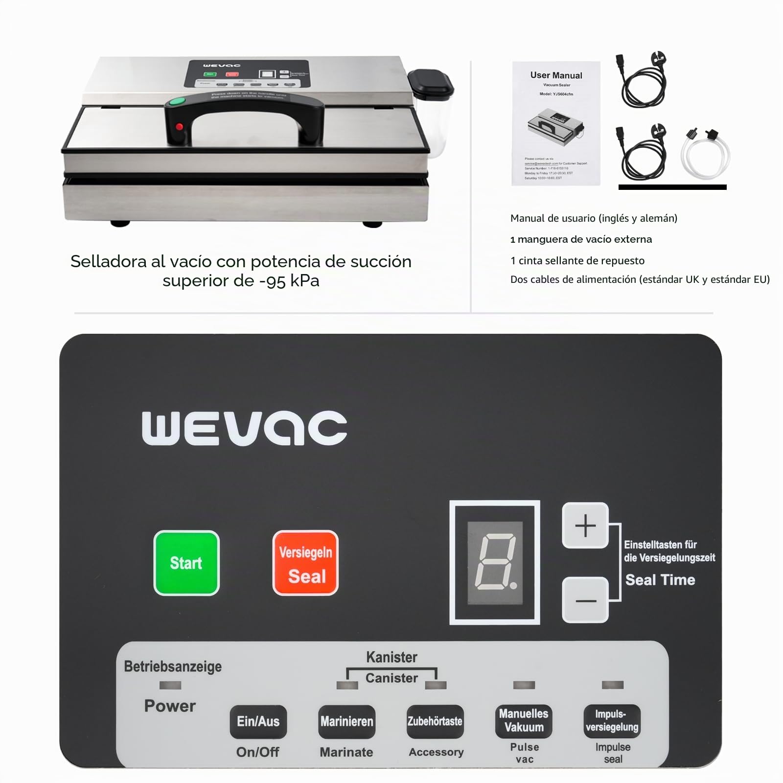 Wevac Maquina Vacio Alimentos Profesional, Potencia de Succión de 16 Litros/min, Costura de 30 cm, Fuerza de Vacío Regulable, Sellador al Vacío de Acero Inoxidable con Depósito de Líquidos