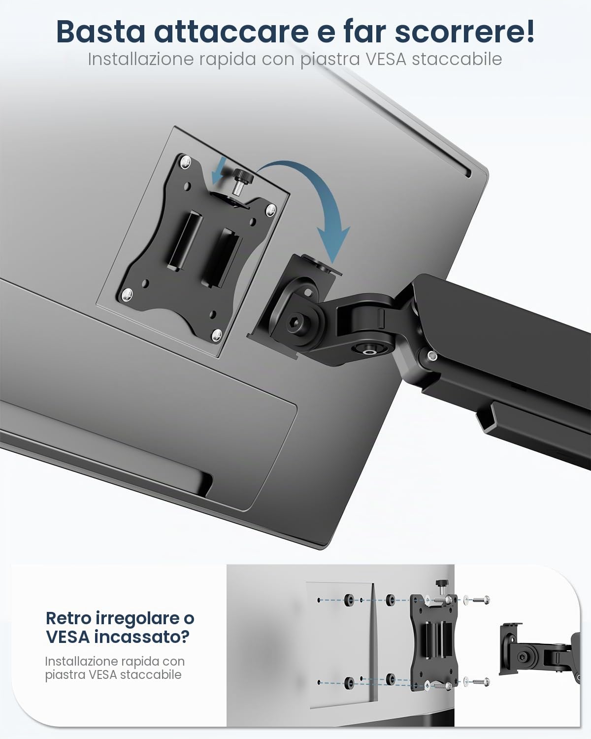 WORLDLIFT Supporto Monitor Muro da Parete per PC e TV – per Schermi 17-32 Pollici - Braccio Singolo con Molla a Gas Ergonomico Regolabile, VESA 75x75, 100x100 mm, 8 kg