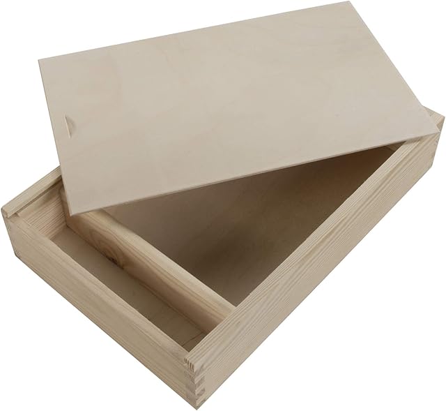 WooDeeDoo 2 Sections Wooden Decorative Sliding Lid Box | 32 x 21 x 6 cm | Gift Storage Keepsake Memory Trinket Photo Case Holder | Unpainted & Untreated Wood for Craft Pain Decoupage