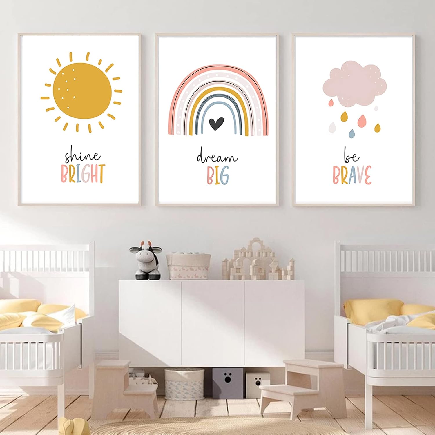 Bankrenart Boho Nursery Wall Art Children Room Decoration Dream Big Be Brave Shine Bright Unframed Kids Wall Art Rainbow Decor Canvas Print Poster for Boys Girls Bedroom (16 x 24 Inch,Set of 3)