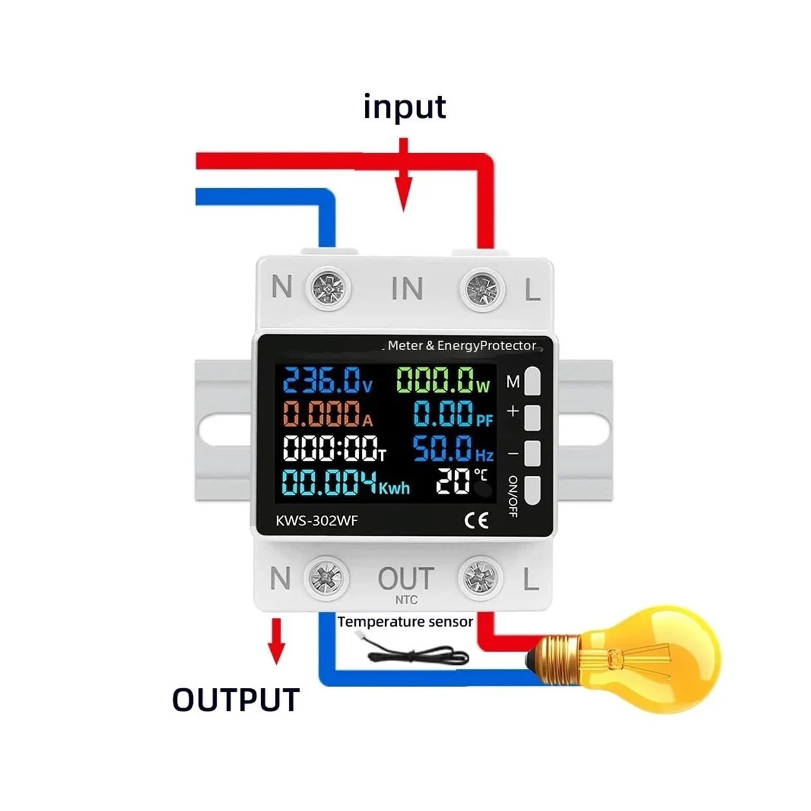 Disjoncteur de commutateur 63A, compteur d'énergie, kilowattheure, minuterie de mesure d'énergie, contrôle de relais, protection de tension(KWS-302WF)