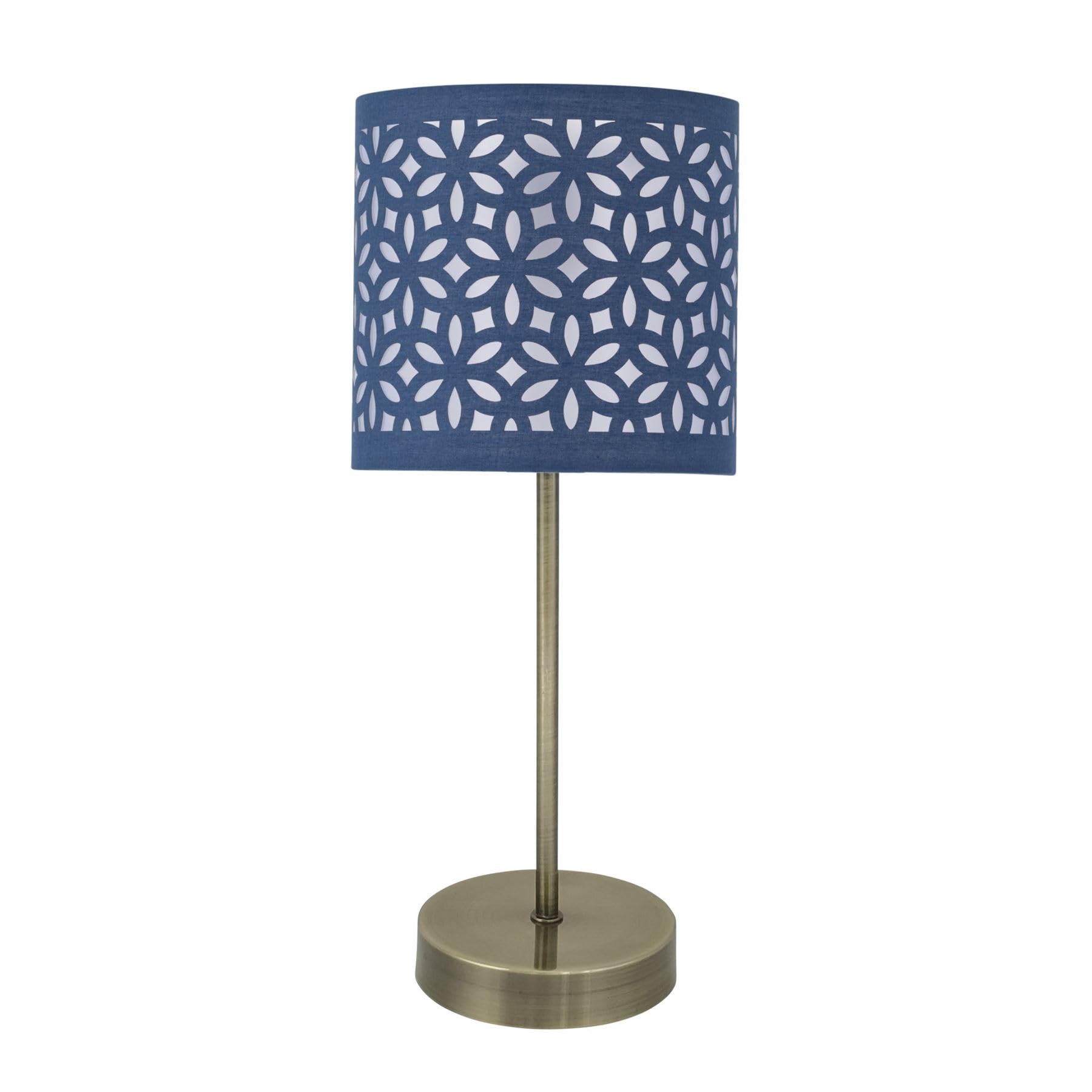 First Choice Lighting Antique Brass Stick Table Lamp With Navy Blue Laser Cut Shade from B&Q