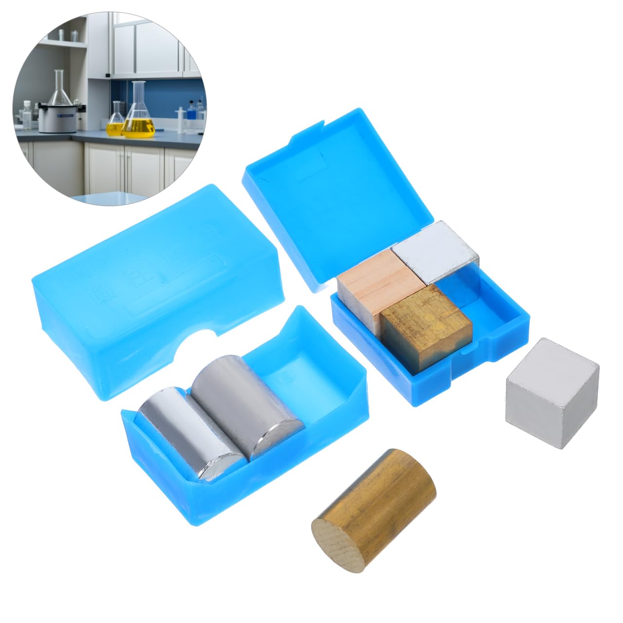 OUNONA Lot de 7 cubes de densité métallique de précision, composés de blocs d'aluminium et de fer et cylindres en cuivre, pour expériences scientifiques, projets physiques, démonstrations pédagogiques