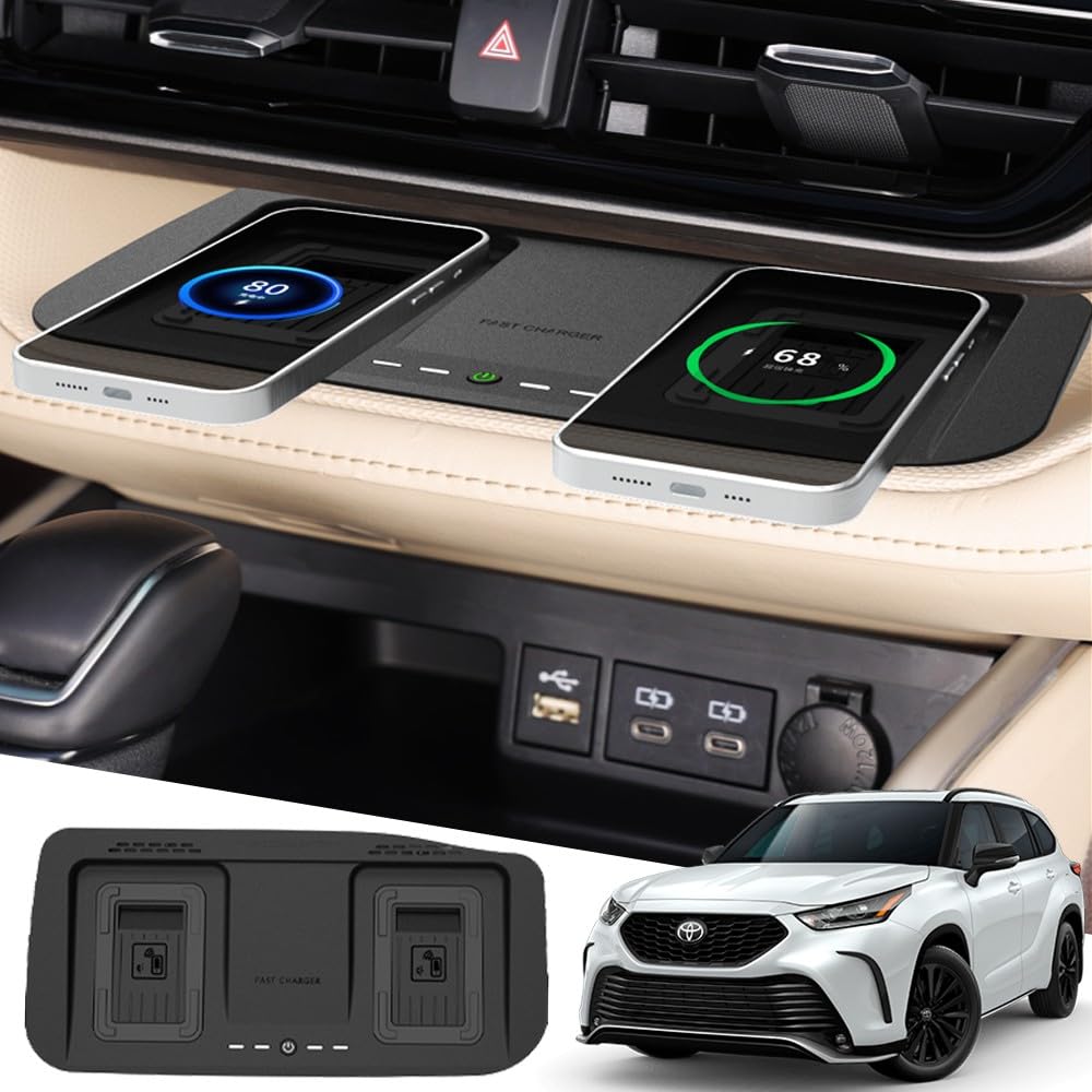 Wireless Charger for Toyota Highlander 2023 2022 2021 2020 Car Charging Charger, 15W Dual Phone Wireless Charging Pad Mat for Toyota Highlander L/LE/XLE/XSE/Limited/Platinum Accessories