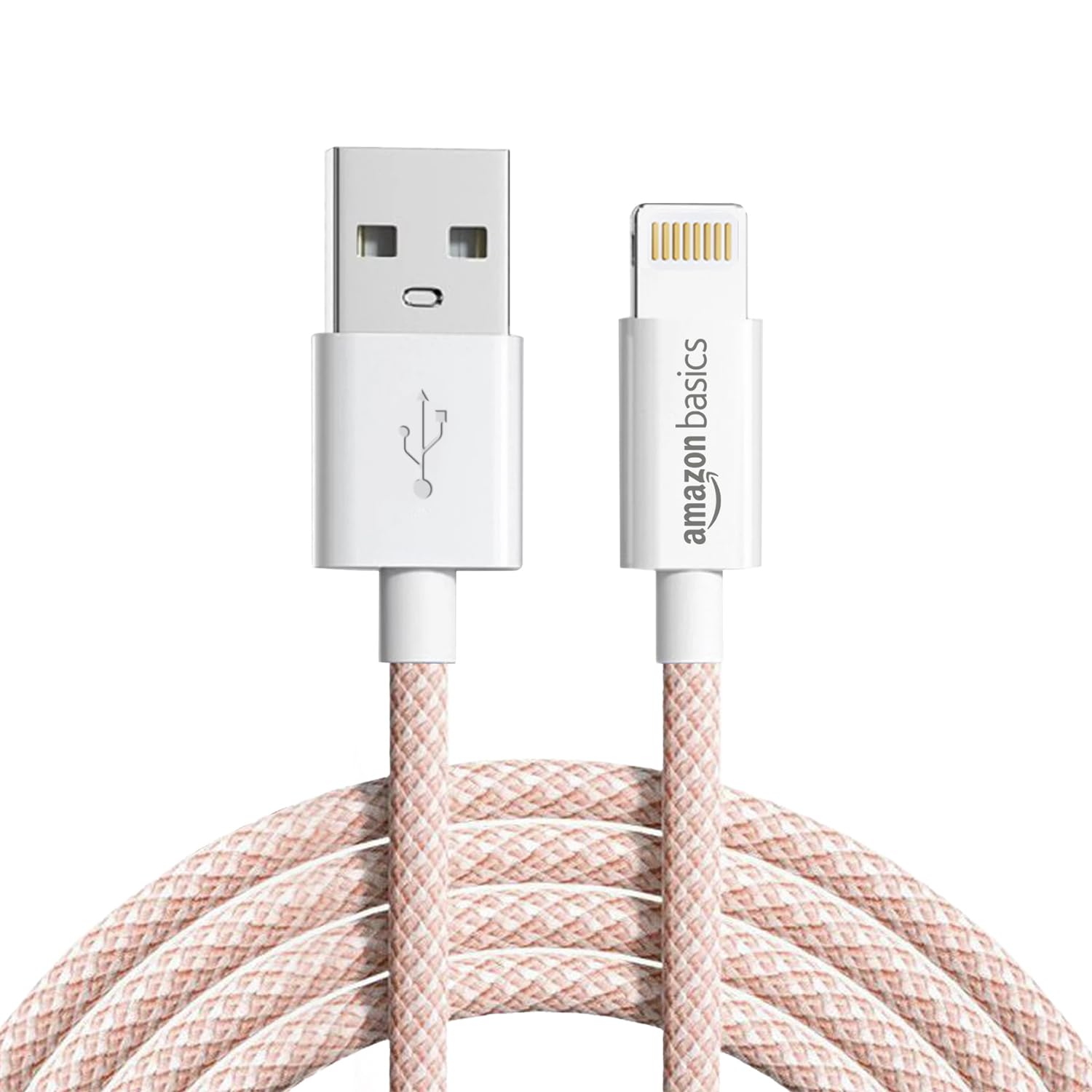 amazon basics Nylon Braided USB-A to Lightning Cable Cord, MFi Certified Charger for Apple iPhone 14, 13, 12,11, X, 8, 7, 6, 5, iPad Air, Pro, Mini, iPad | Salmon Pink, 1.02 meter