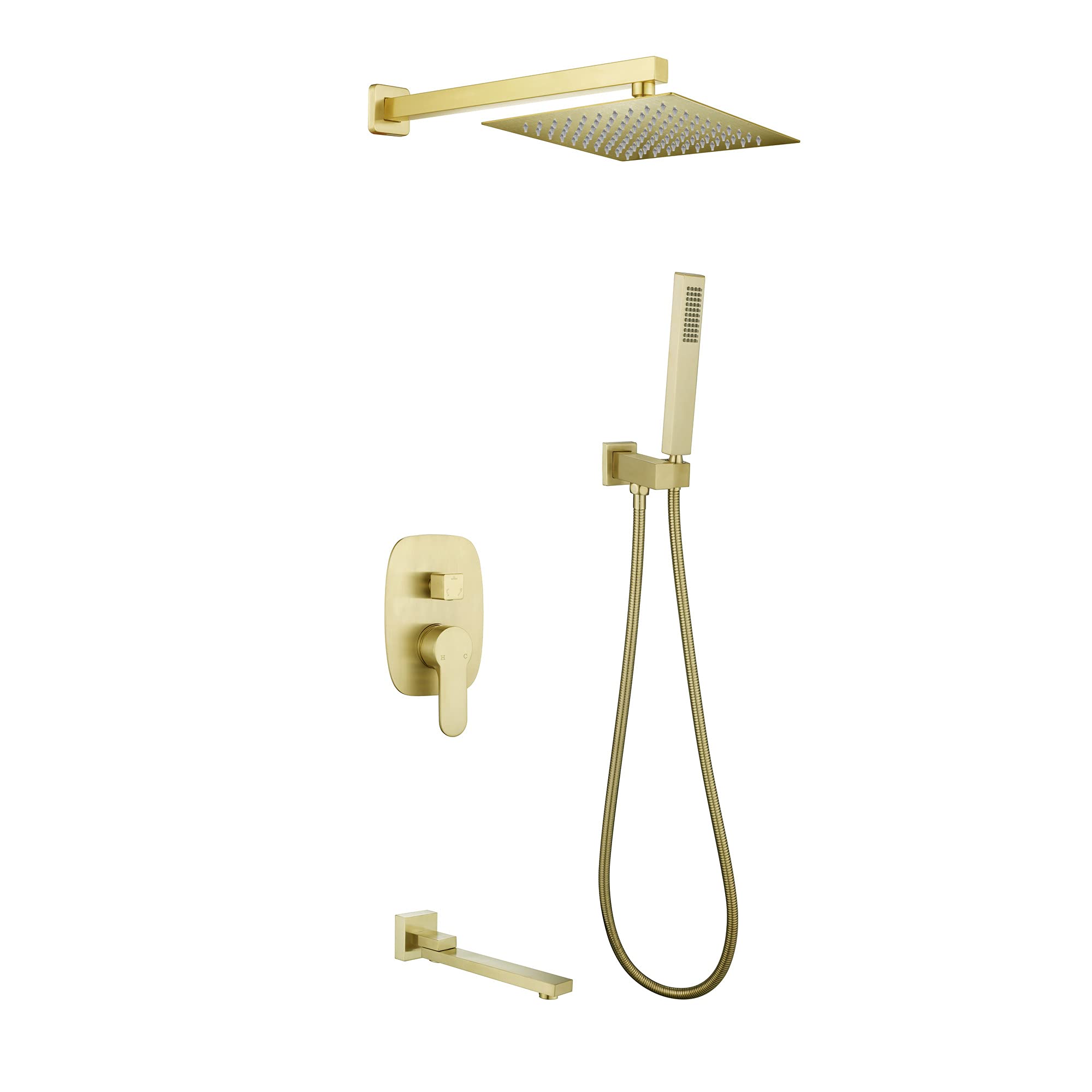 Sistema Doccia Incasso, Ottone Dorato Spazzolato a Parete Doccia a Pioggia 3 Funzioni Rubinetto per Doccia Set Miscelatore con 10-12" Set di Miscelatori per Vasca con Beccuccio Doccia Quadrato a pio