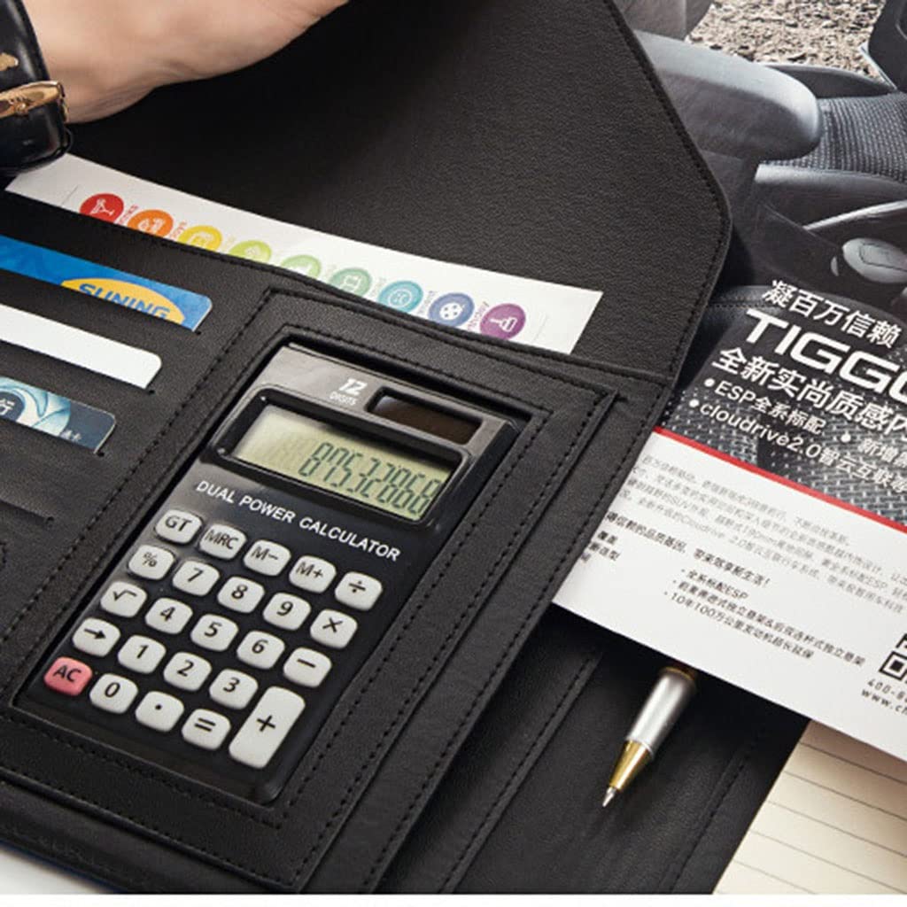 Teczka konferencyjna Organizer na dokumenty， Teczka A4 z schowkiem i miejscem do przechowywania, skórzana teczka na CV, teczka konferencyjna A4(Bruin,12digit calculator)