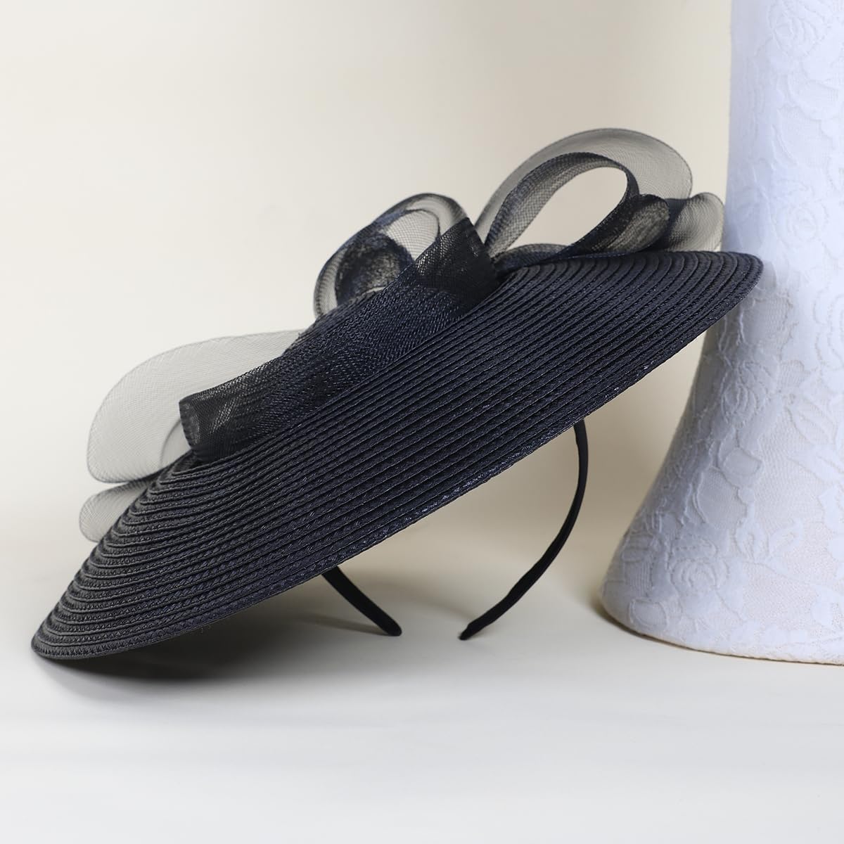 Straw Cocktail Fascinators Hat for Women Ladies Wide Brim Church Wedding Bride Derby Tea Party Hats with Mesh Bow - Image 5