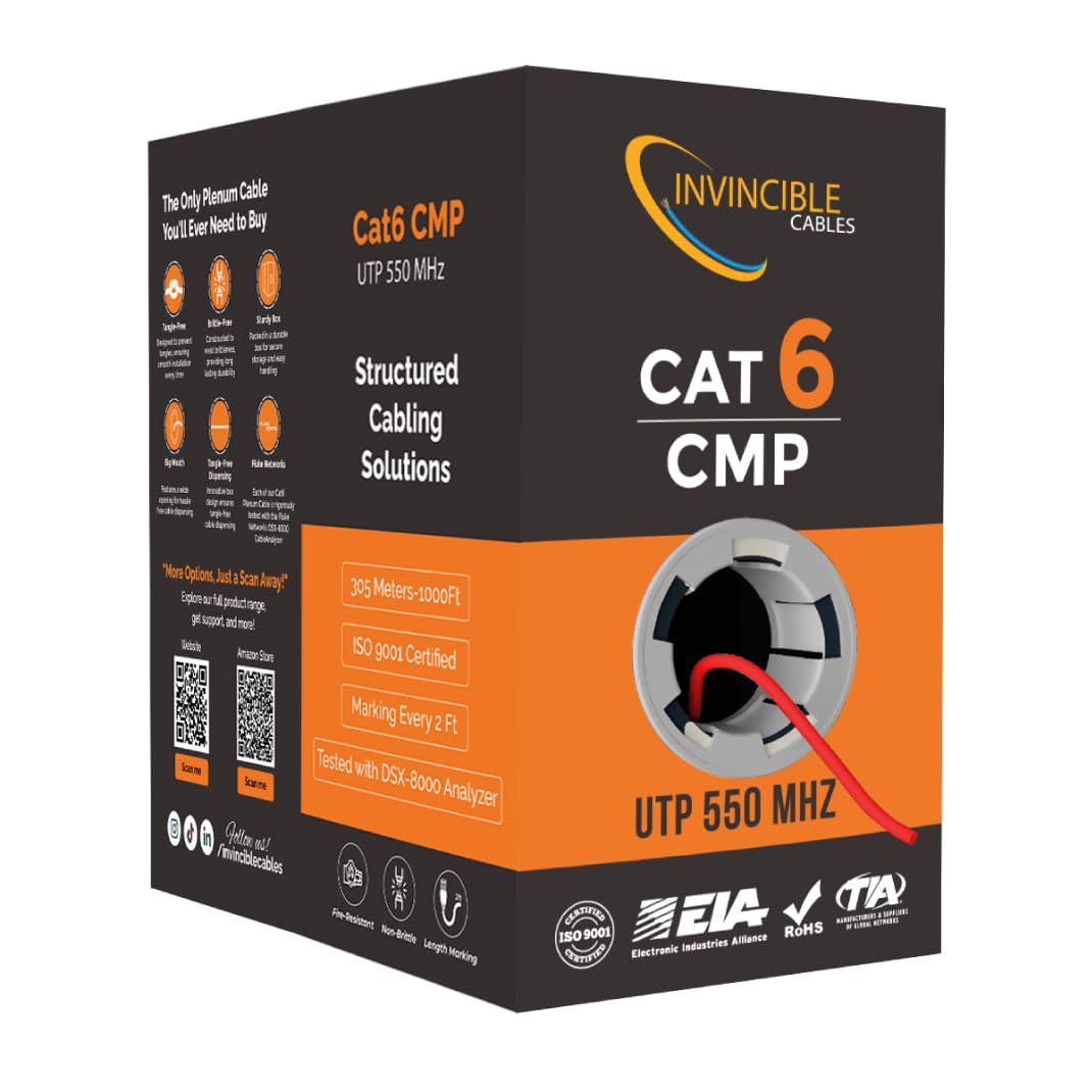 Cat6 Plenum Cable 1000ft | DSX-8000 Analyzer Tested Up to 100m | 550 MHz, 23AWG, 4 Pair, UTP | The US's Most Accredited Cable | (Also Available in 7 Colors) (Black)