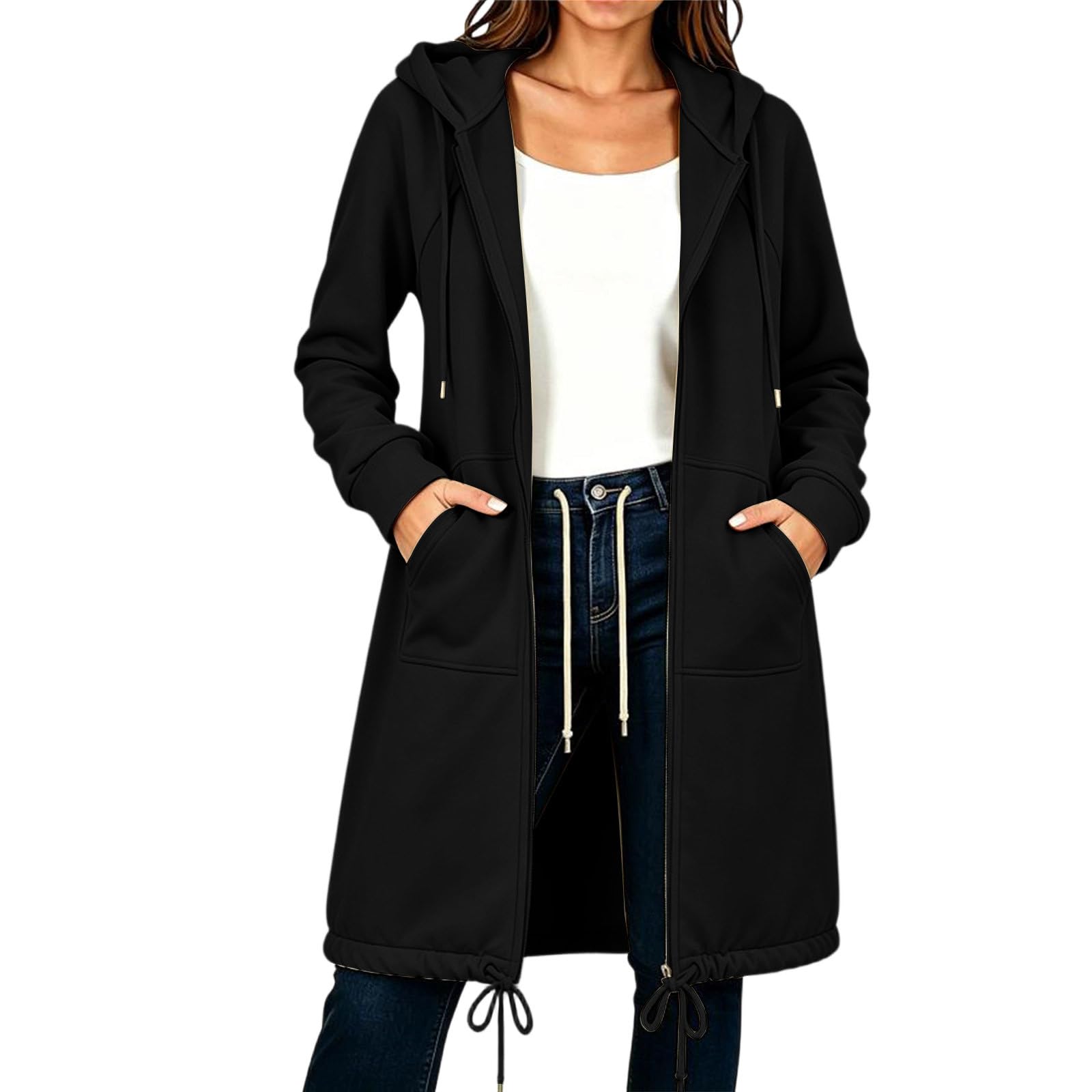 Veste Sweat Femme Longue Zippée à Capuche avec Cordon et Taille Réglable