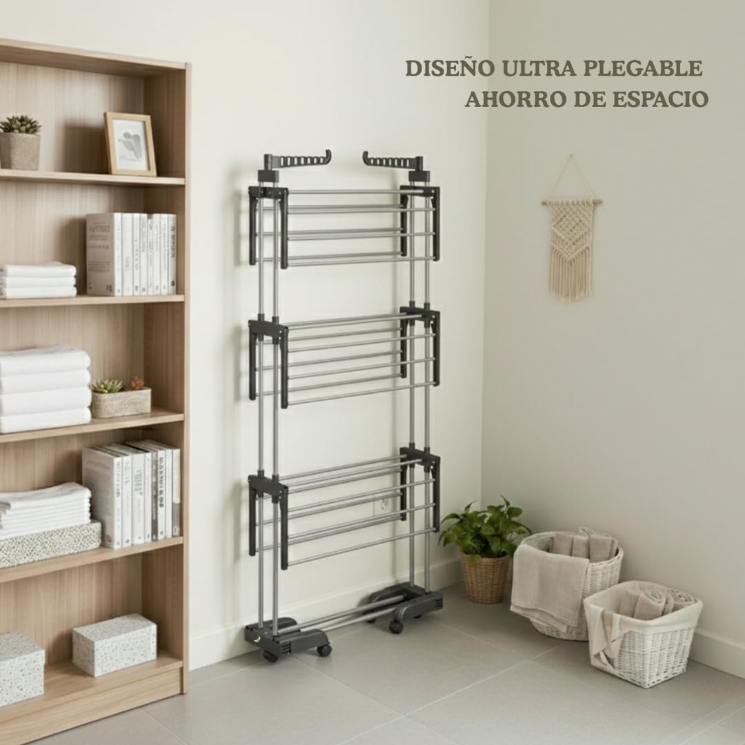 CAMBURVERDON® Tendedero Vertical Tipo Torre - Base Plegable | BASE PLEGABLE: guardado ultra compacto. Incluye 10 perchas exclusivas. Acero inox (50kg), 4 niveles y movilidad 360º.