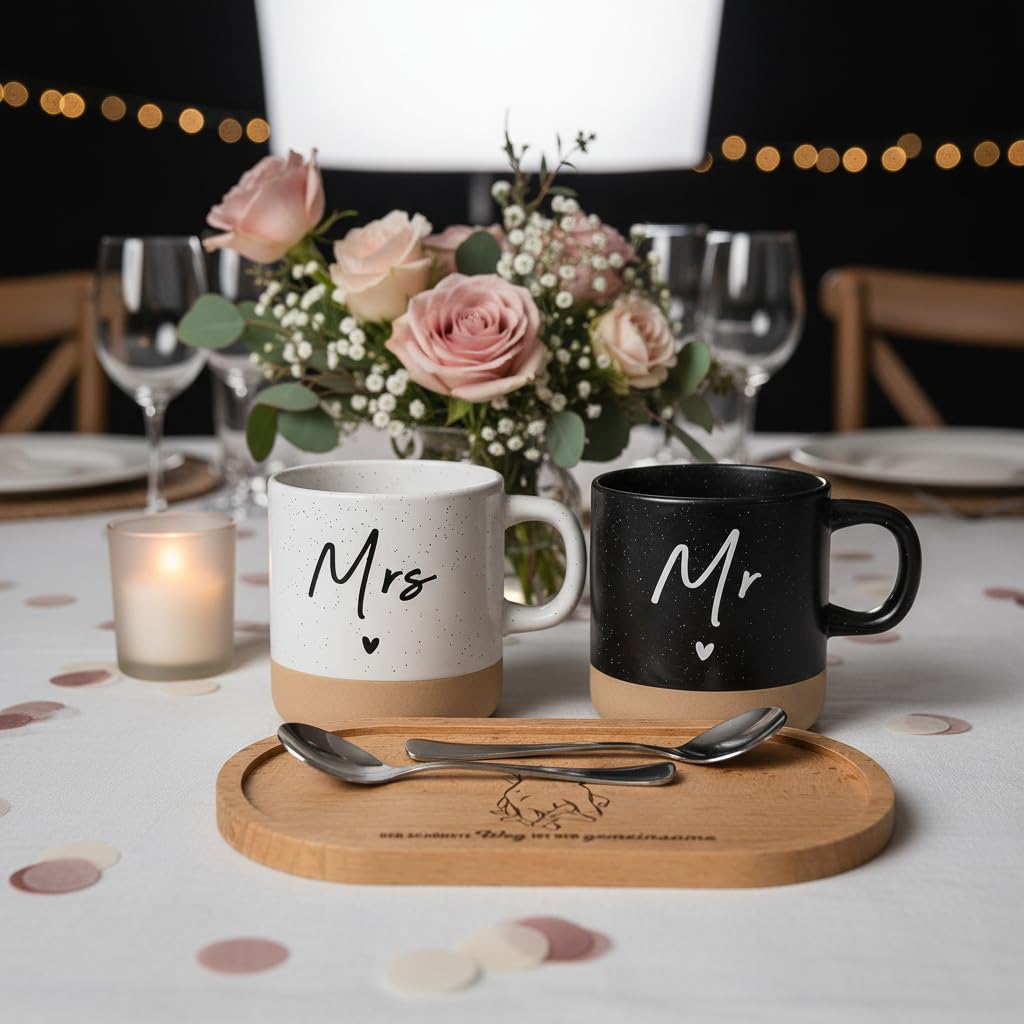 LOZACHE Geschenke für Paare Mr & Mrs Tassen Set mit Holztablett & Löffeln | Hochzeitsgeschenke für Brautpaar, Personalisierte Valentinstag Jahrestag Hochzeit Verlobung Geschenkset mit Geschenkbox