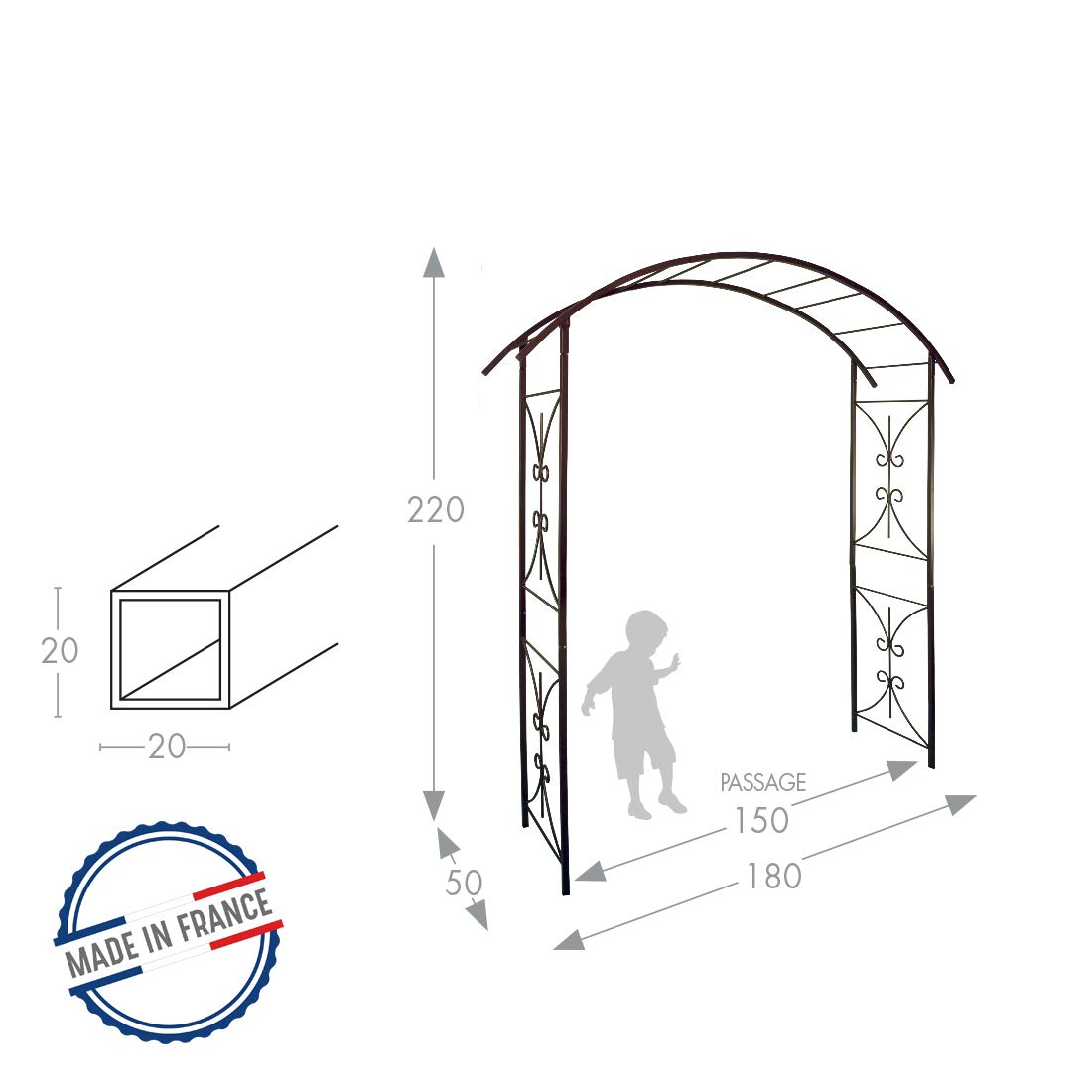 LOUIS MOULIN Arche Tube carré pour Plante grimpante Fer Vieilli 180 x 50 x 220 cm 3026 - Made in France