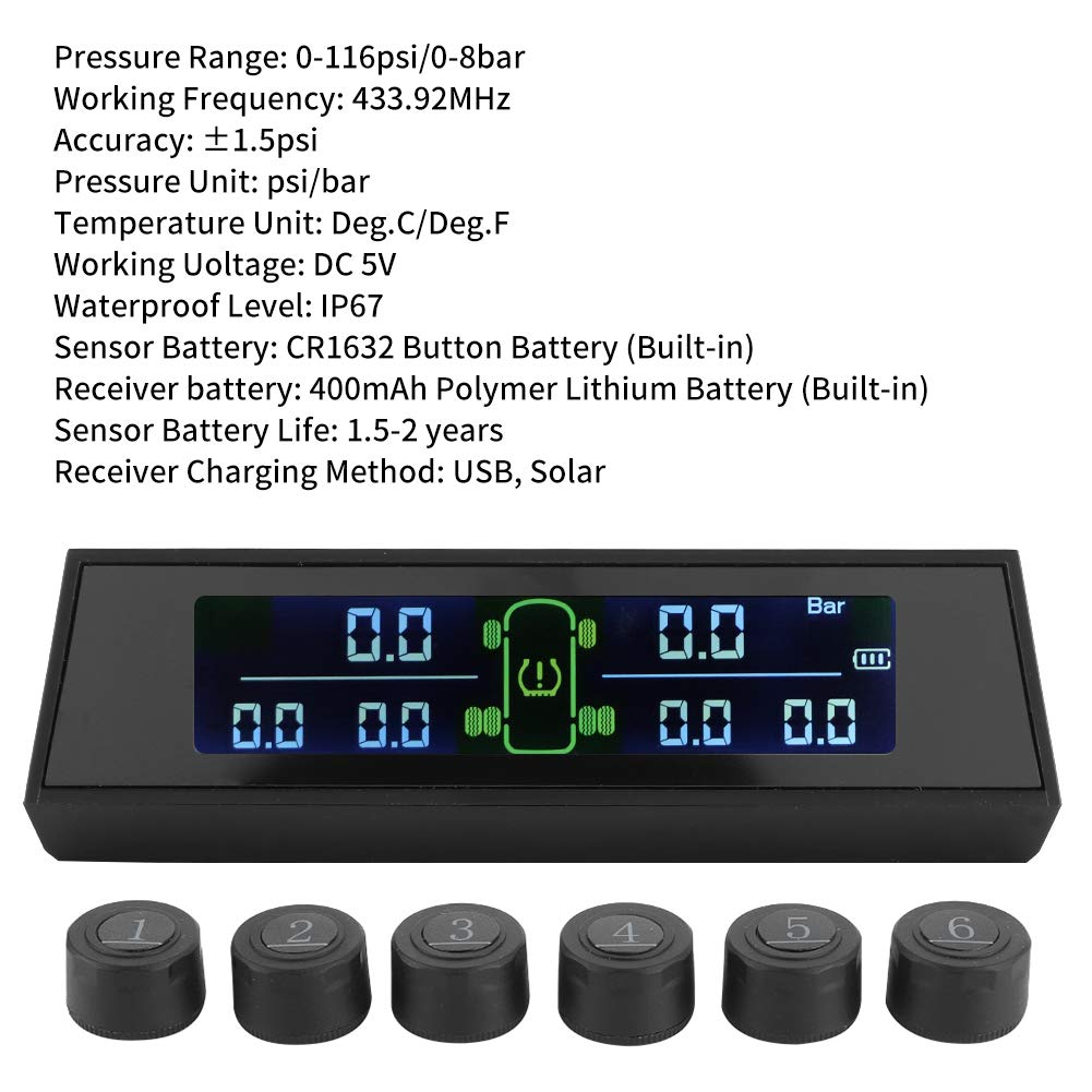 System monitorowania ciśnienia w oponach, system monitorowania ciśnienia w oponach Zasilany energią słoneczną czujnik TPMS z zewnętrznym czujnikiem LCD 6 do kamperów