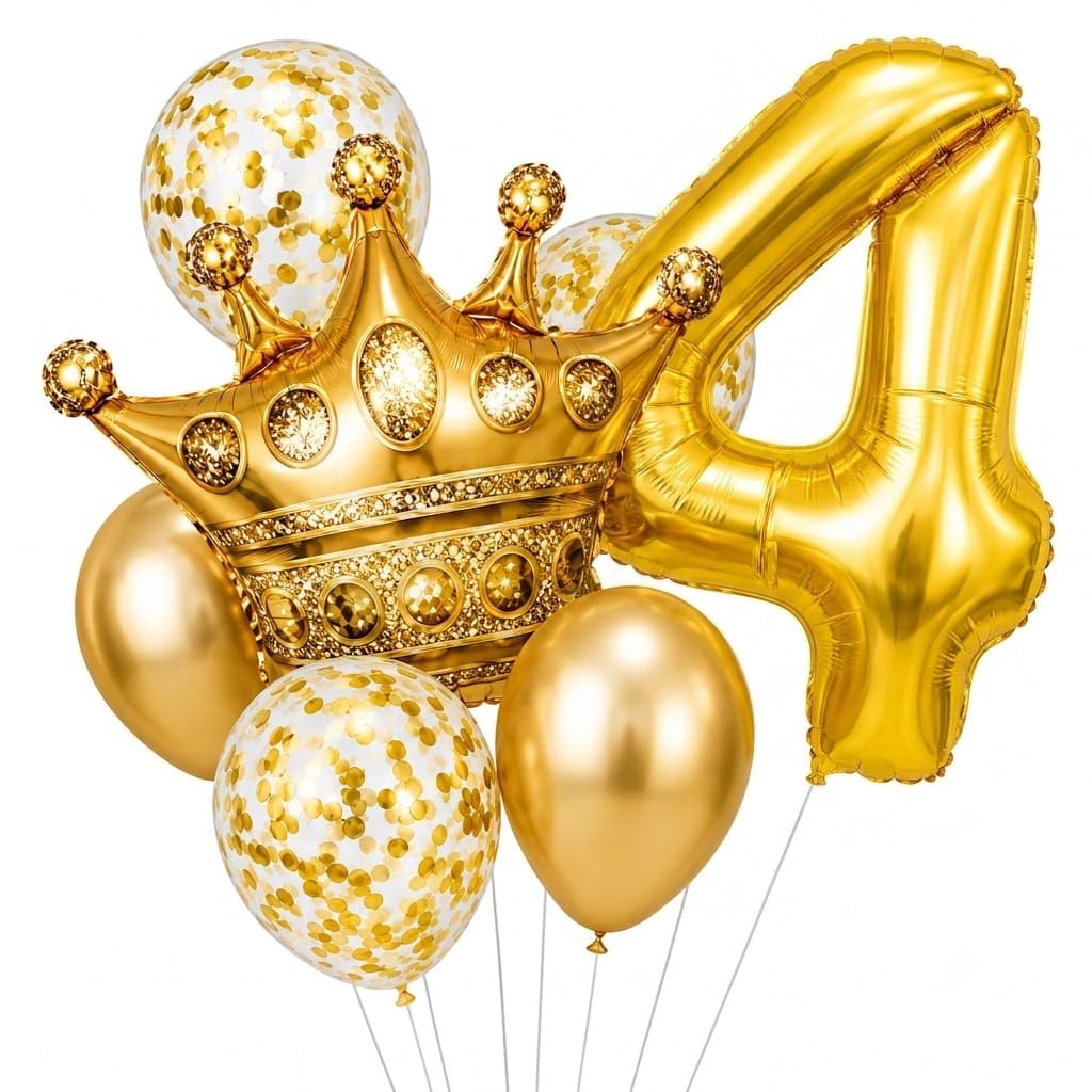4th Birthday Decoration Balloon Kit | Gold Crown Foil Balloon with 40 Inch Number 4 Balloon, Gold Chrome & Confetti Balloons | Birthday Party Decoration Set-image-28