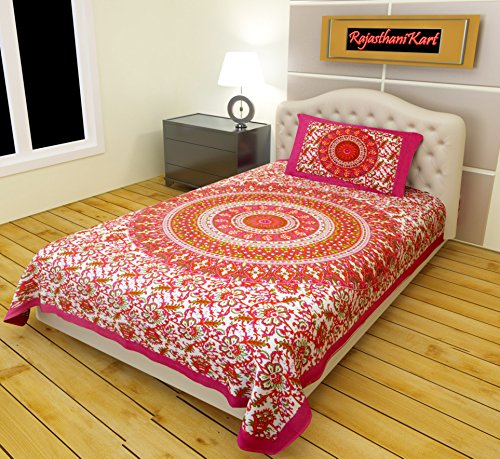 Image of RajasthaniKart Pure 100% Cotton Single Bed Sheet with 1 Pillow Cover (Bedsheet for Single Bed Cotton, Pink Ghera)