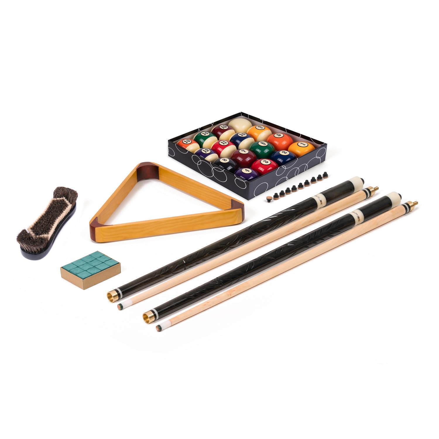 Stradivari Billard Equipment Set | Queue Set mit Kugeln, Dreieck, Kreide, Bürste und 10 Ersatzleder | Hochwertige Ausführung | Schwarz | Vielseitiges Zubehör