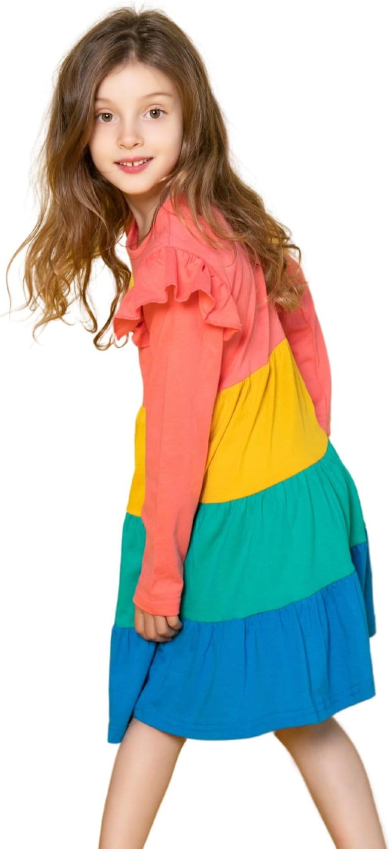 HILEELANGGirl Long Sleeve Dress Ruffle Rainbow Color Block Cotton Casual Tiered Pleated Twirly Dress