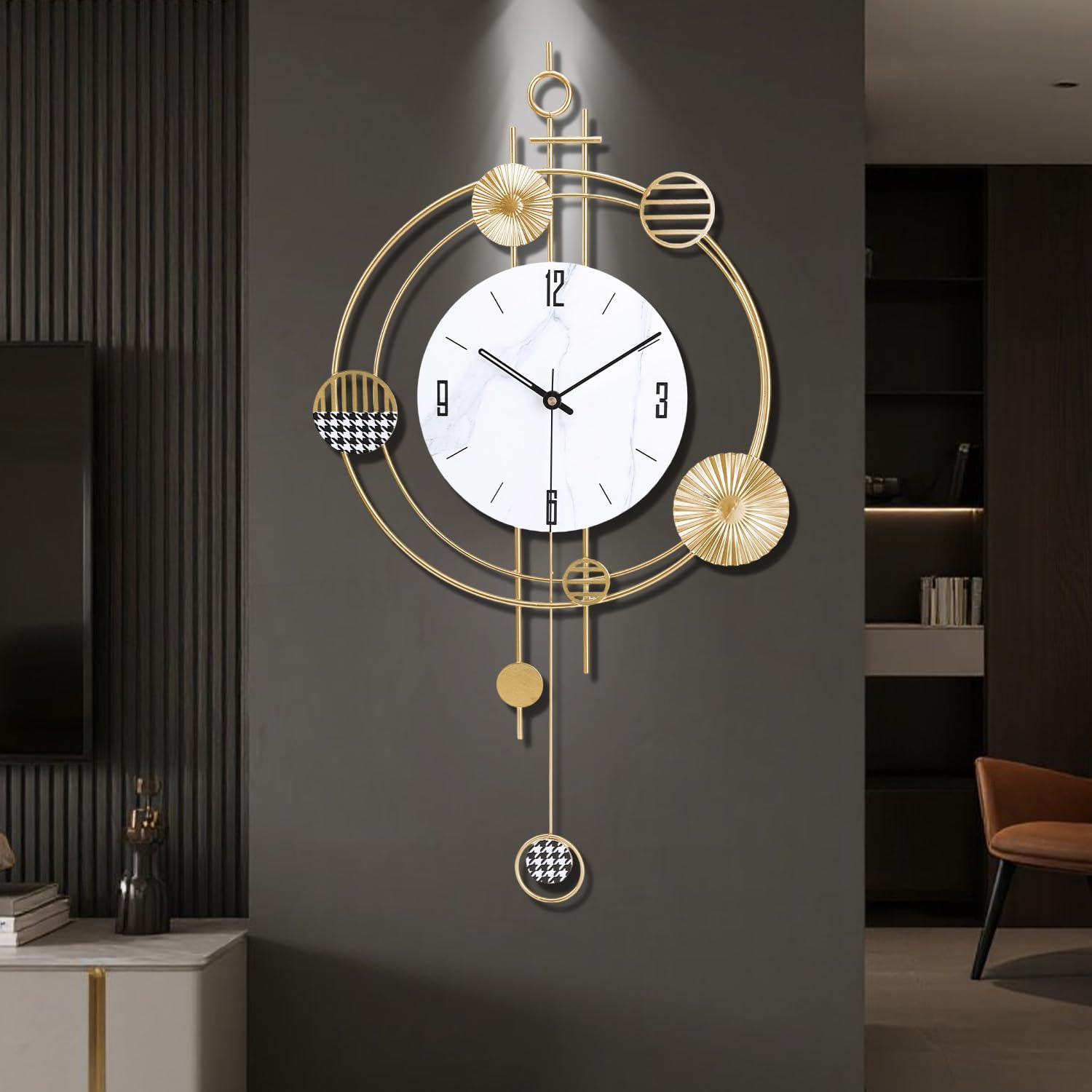 Wall Clock for Living Room, Silent Quality Quartz Battery Operated with Pendulum, Analog Large Wall Clocks for Living Room Kitchen Bathroom Bedroom Wall Home Decor, 15.4x28inch, Golden C-golden