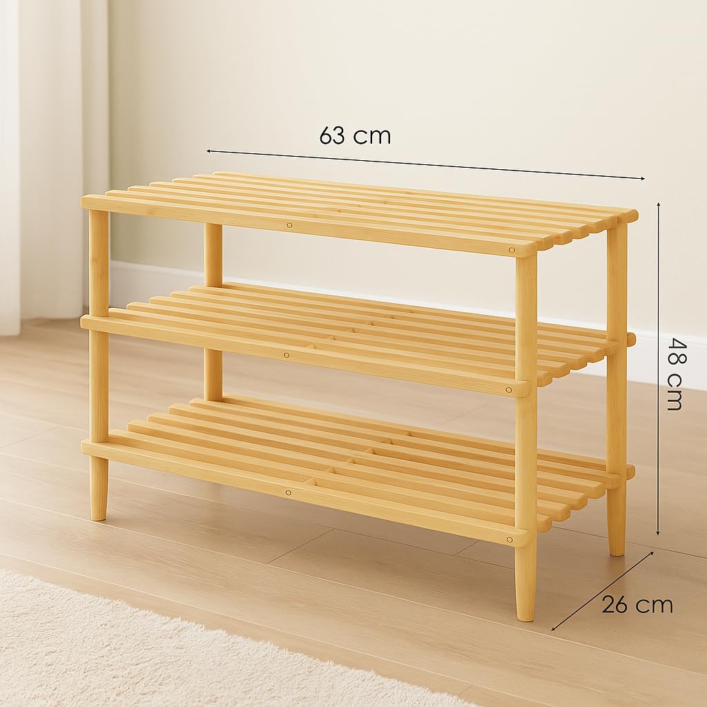 generico Scarpiera in Legno a 3 Ripiani, Panca Scarpiera – Scaffale Porta Scarpe Salvaspazio per Ingresso, Corridoio o Camera – Organizer da 26x63x48 cm, Design Legno Naturale Rustico Robusto