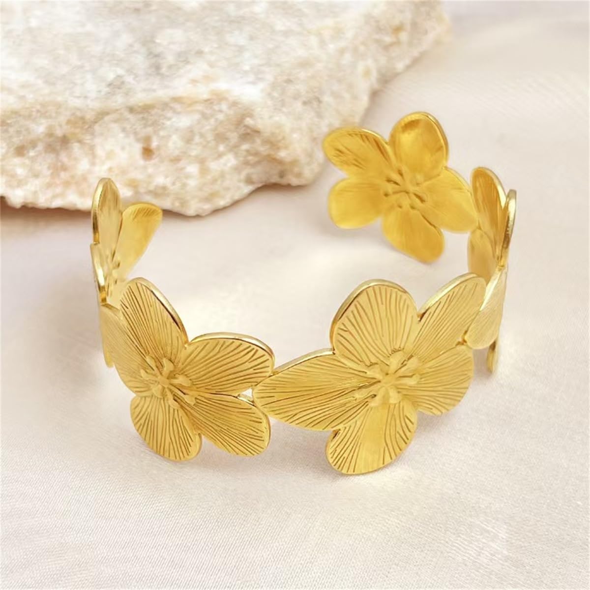 Gold Flower Cuff Bracelet Chunky Floral Open Bangle Bracelet Adjustable Wide Flower Bracelets - Image 3