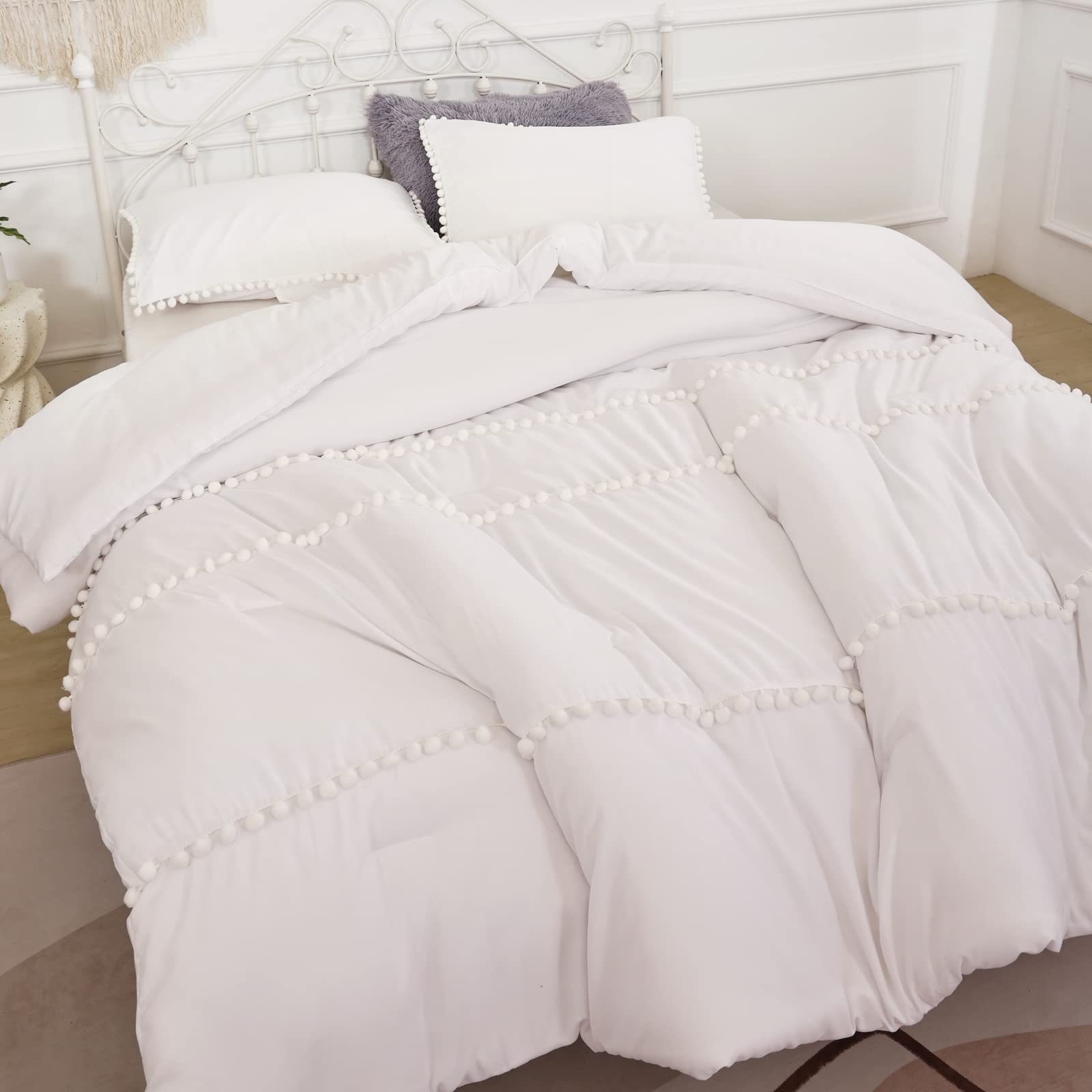 YIRDDEO Set Copripiumino Full Size Con Pompon E Frange - Rosa Cipria, 3 Pezzi (200x228 Cm + Federe) - 2