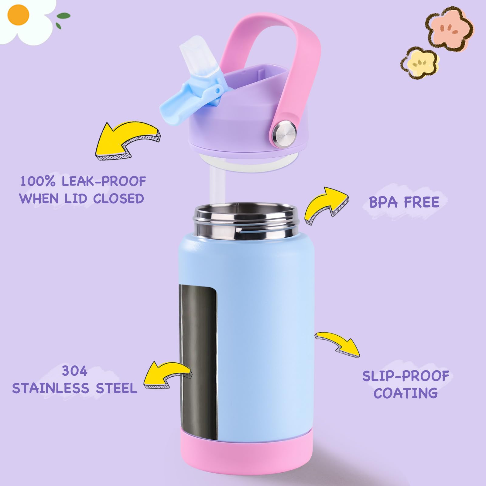 Fijinhom Kids Water Bottle, 360ml/12oz, Stainless Steel Insulated Water Bottle with Straw, Vacuum Leakproof - Image 3