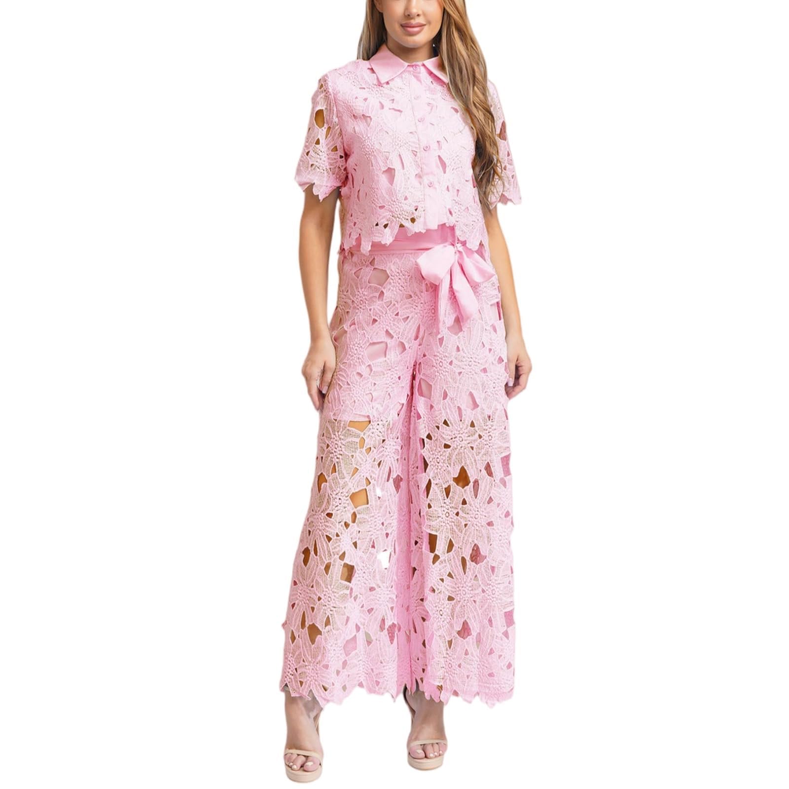 Conjunto de 2 piezas de encaje formal con pantalón ancho 8