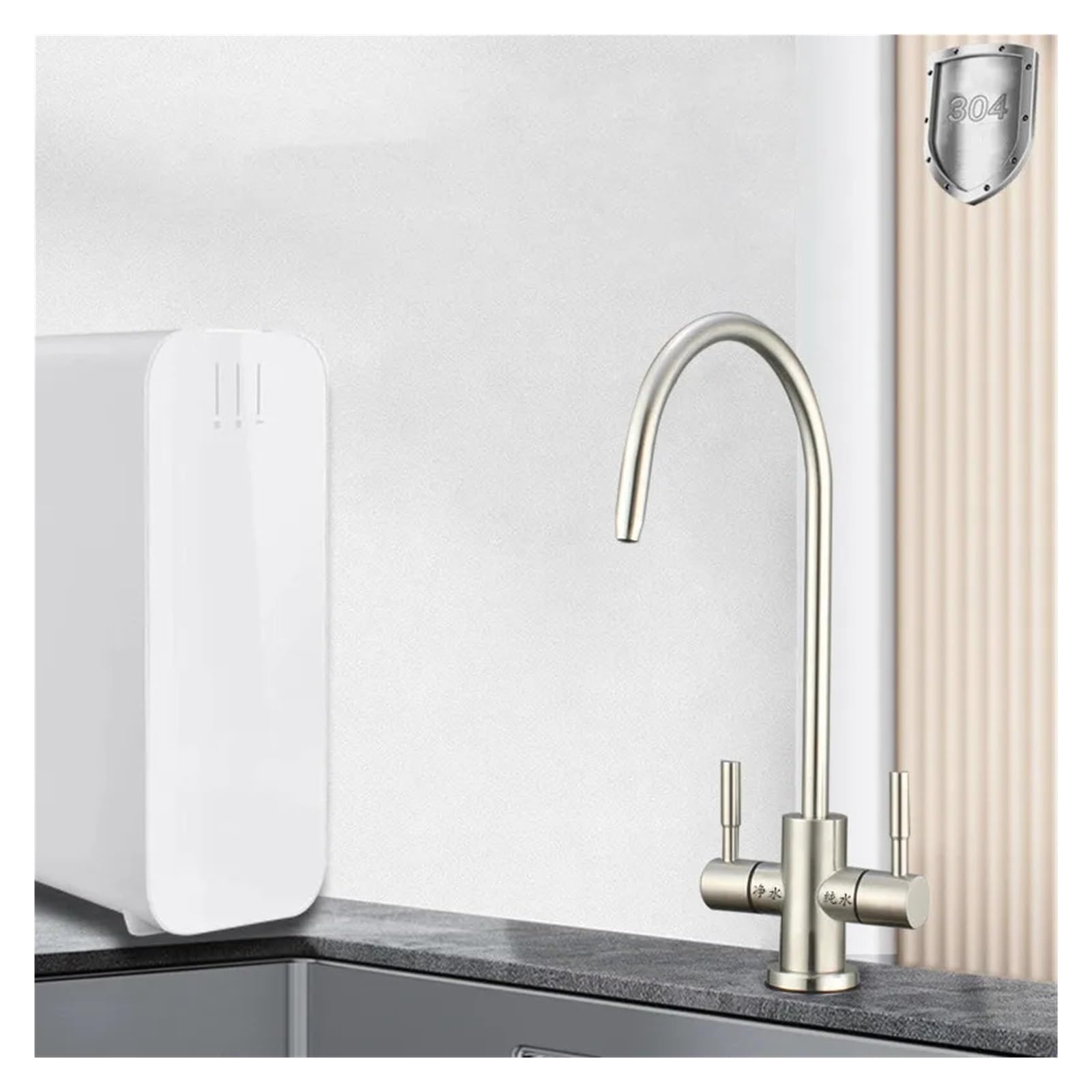 Schwanenhals-Doppelloch-Filtrations-Küchenarmatur mit Kaltwasser-Wasserhahn auf der Arbeitsplatte, 360° drehbarer Wasserhahn zur Trinkwasseraufbereitung