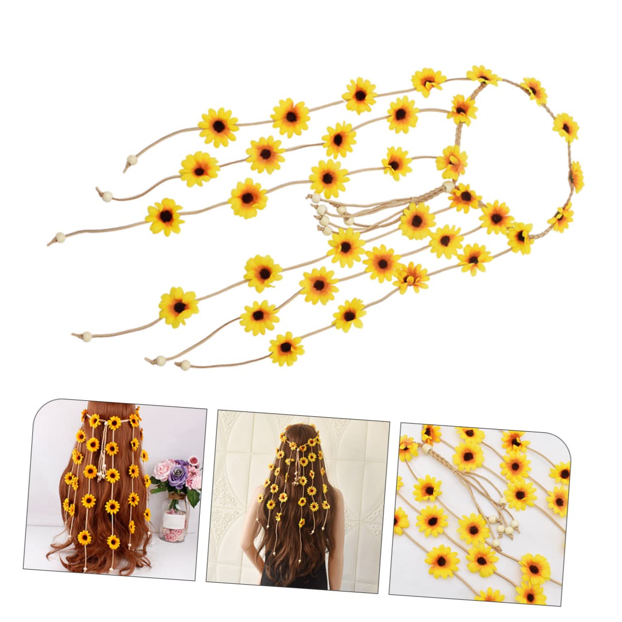 WOONEKY Bandeau De Fleurs Avec Pompoms Couronne De Fleurs Tournesol Pour Festivals Événements Et Accessoire Bohémien Élégant Pour Femmes Et Filles