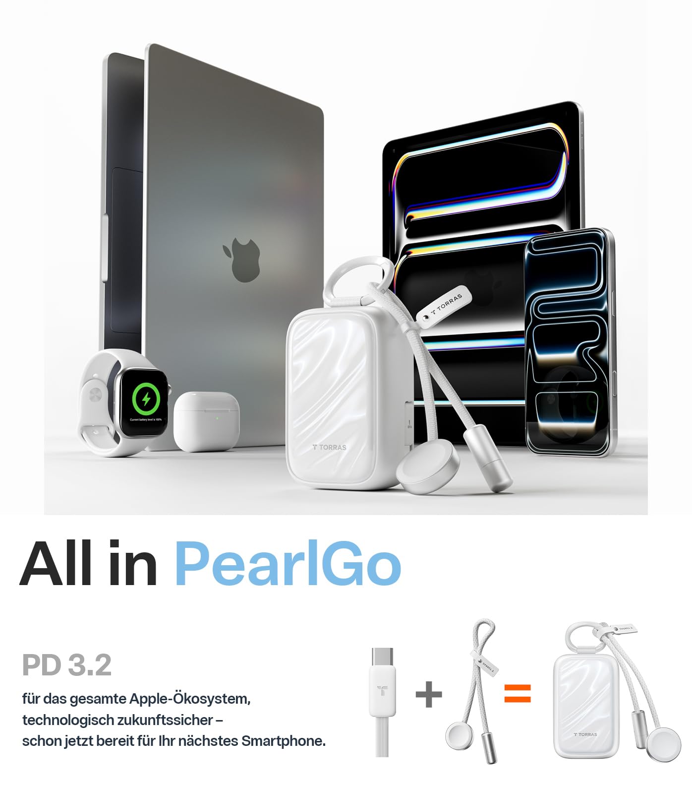 TORRAS PearlGo Powerbank 10000mAh, Kleine Powerbank mit Kabel, Perlweiß | 45W Schnellladen, 70 cm USB-C Einziehkabel mit Karabiner, für iPhone und Apple Watch, ideal für Reisen, Pendeln und Shopping