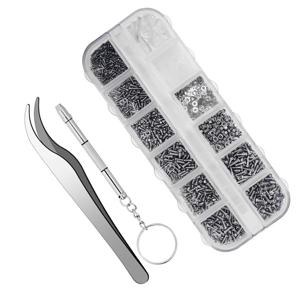 Dainerisy 1100pcs Tiny Stainless Steel Screws Sunglasses Eyeglasses Repair Kit with Nose Pads Micro Screwdriver Tweezer