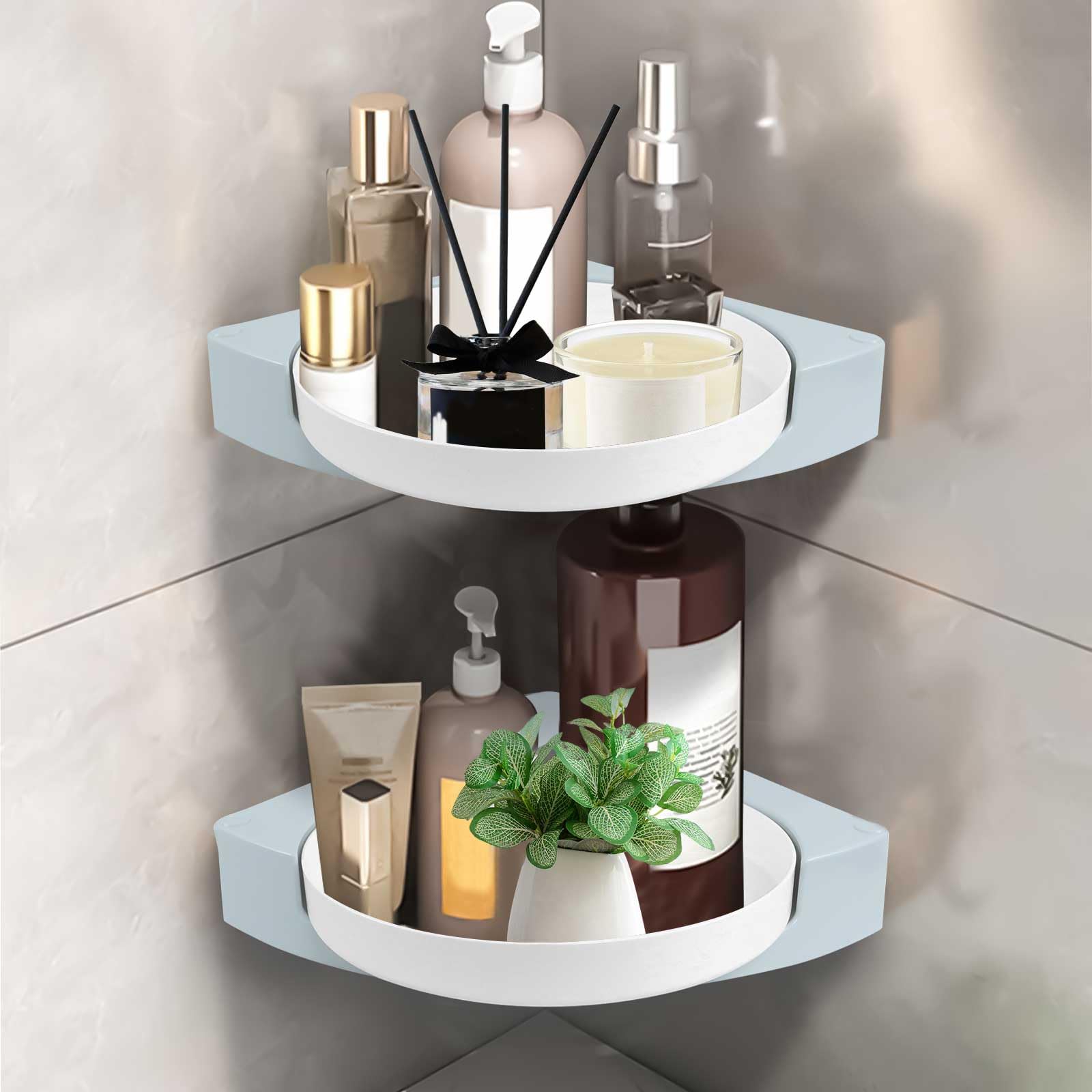 Qivine 2 Piezas Estante de Ducha Sin Taladrar, 360° Giratorio Plástico Blanco Ducha Repisa Autoadhesivo Esquina Estante con 4 Pegatinas, Cestas de Ducha para Baño Cocina