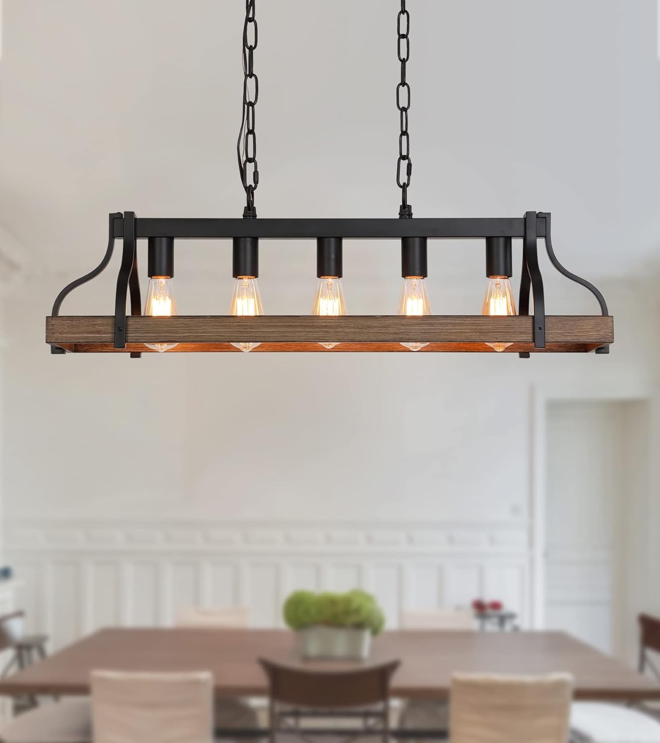 Rustic Kitchen Island Dining Room Light Fixture Farmhouse Linear Chandelier Black and Retro Wood Finish 5-Light Industrial Metal Hanging Pendant Light UL Listed L33.5 W10.6 5-Light retro wood
